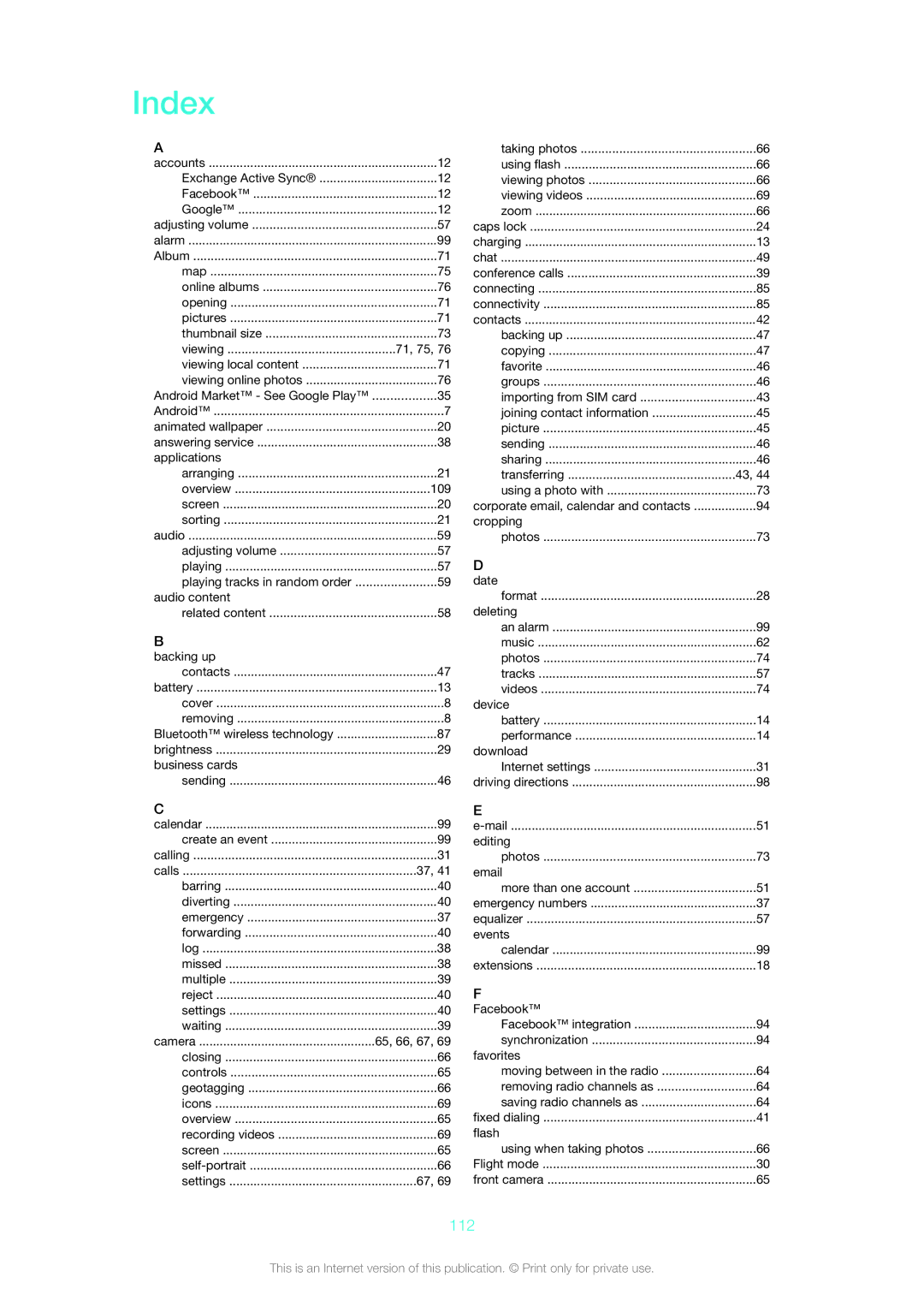 Sony ST26a, ST26i manual Index, 112 