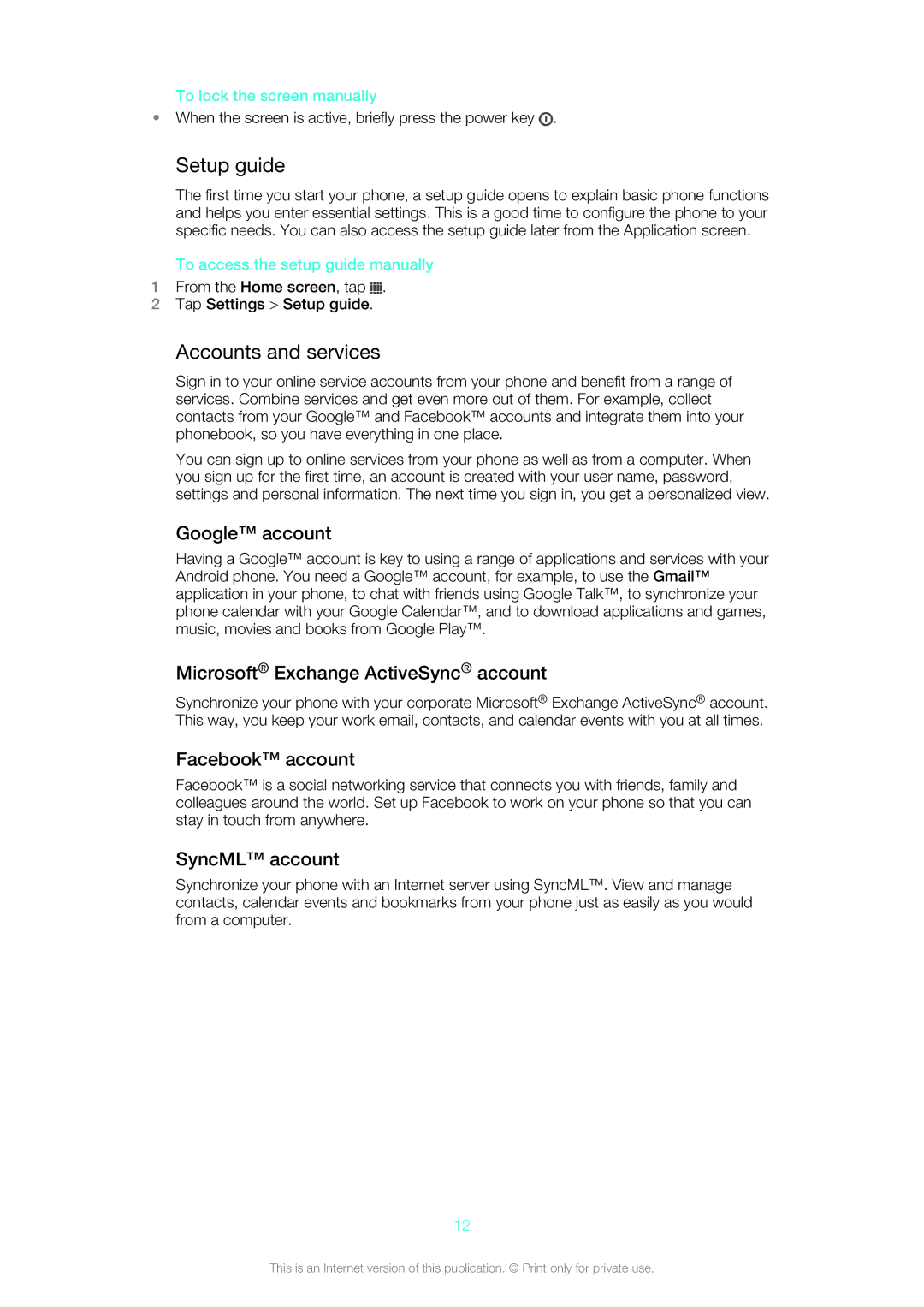 Sony ST26a, ST26i manual Setup guide, Accounts and services 