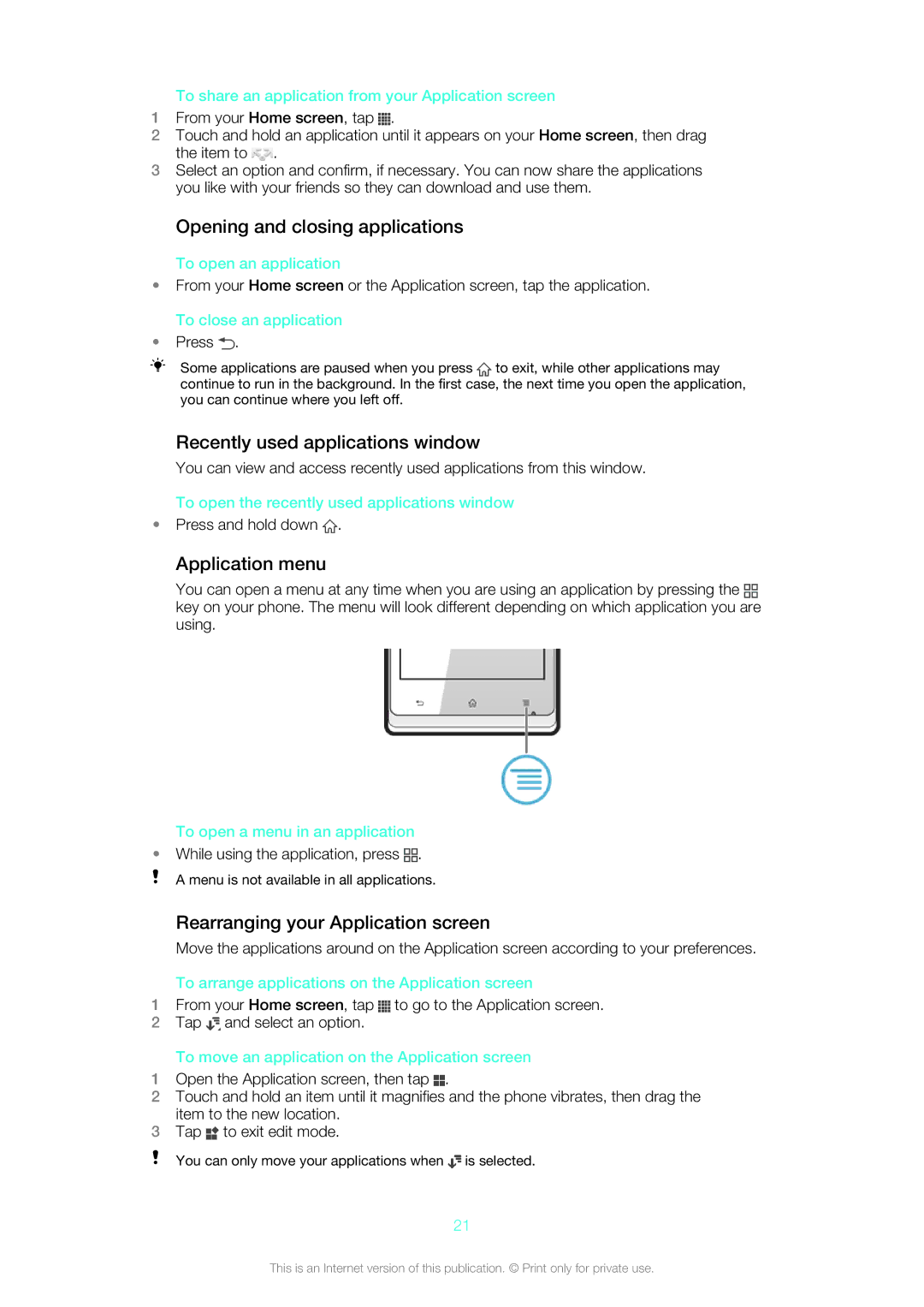 Sony ST26i, ST26a manual Opening and closing applications, Recently used applications window, Application menu 