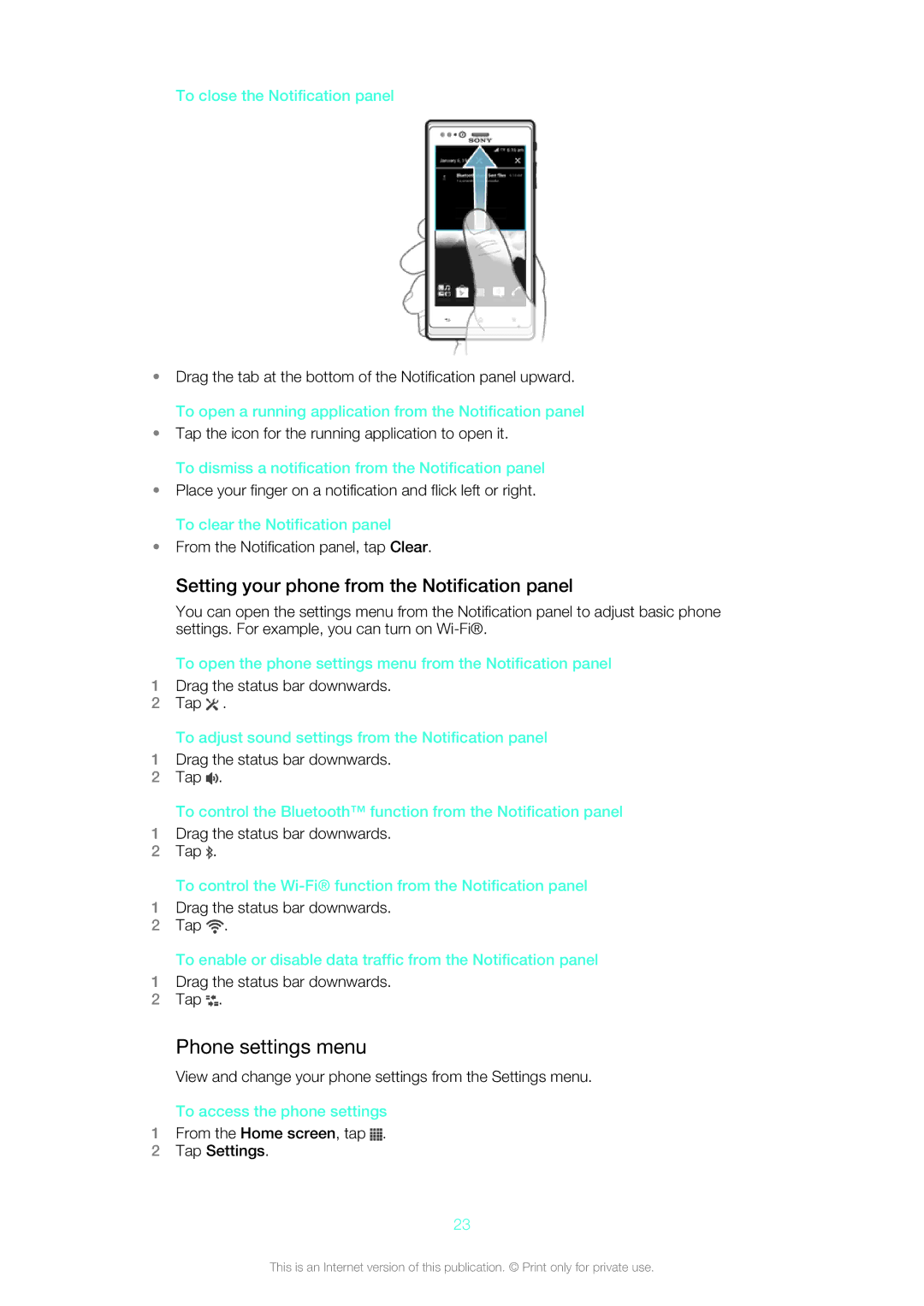 Sony ST26i, ST26a manual Phone settings menu, Setting your phone from the Notification panel 