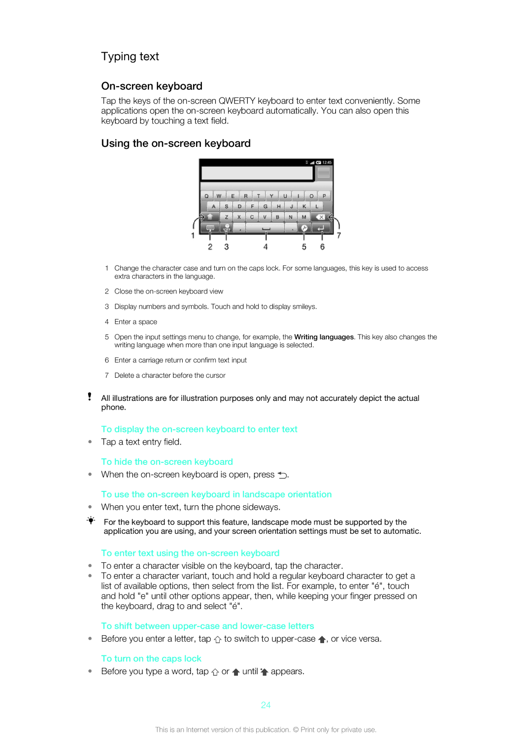 Sony ST26a, ST26i manual Typing text, On-screen keyboard, Using the on-screen keyboard 