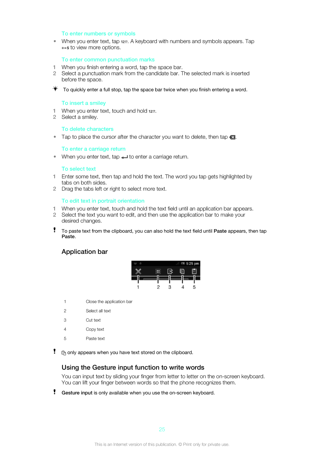 Sony ST26i, ST26a manual Application bar, Using the Gesture input function to write words 