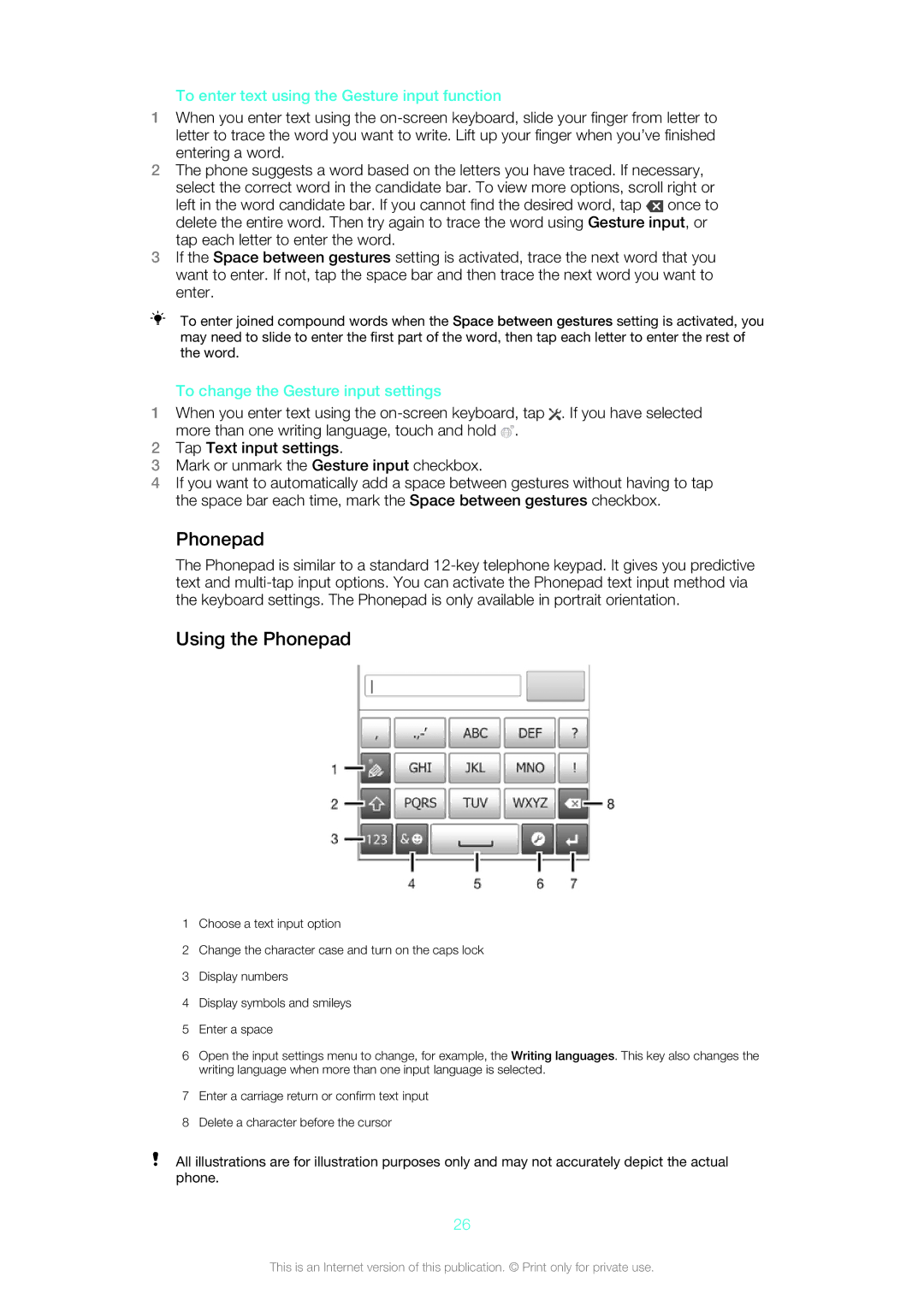 Sony ST26a Using the Phonepad, To enter text using the Gesture input function, To change the Gesture input settings 