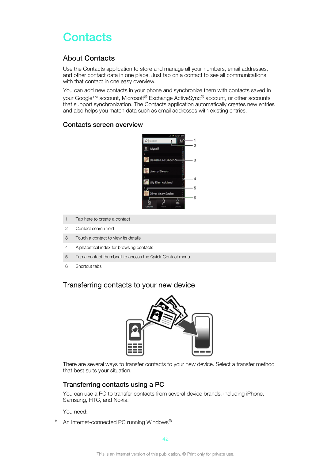 Sony ST26a, ST26i manual About Contacts, Transferring contacts to your new device, Contacts screen overview 