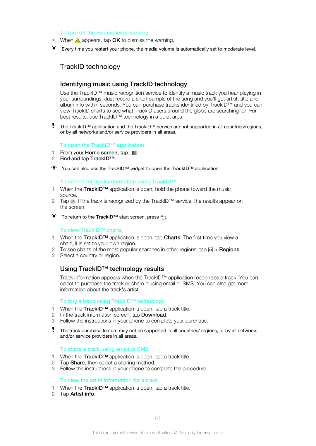 Sony ST26i, ST26a manual Identifying music using TrackID technology, Using TrackID technology results 