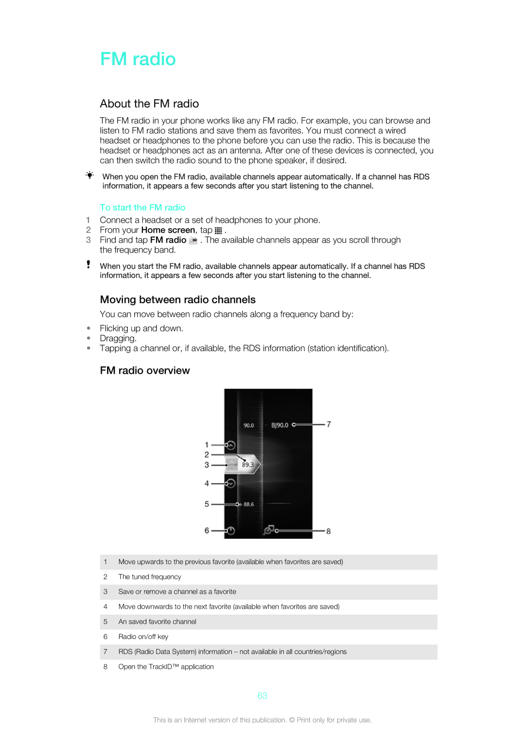 Sony ST26i, ST26a manual About the FM radio, Moving between radio channels, FM radio overview, To start the FM radio 