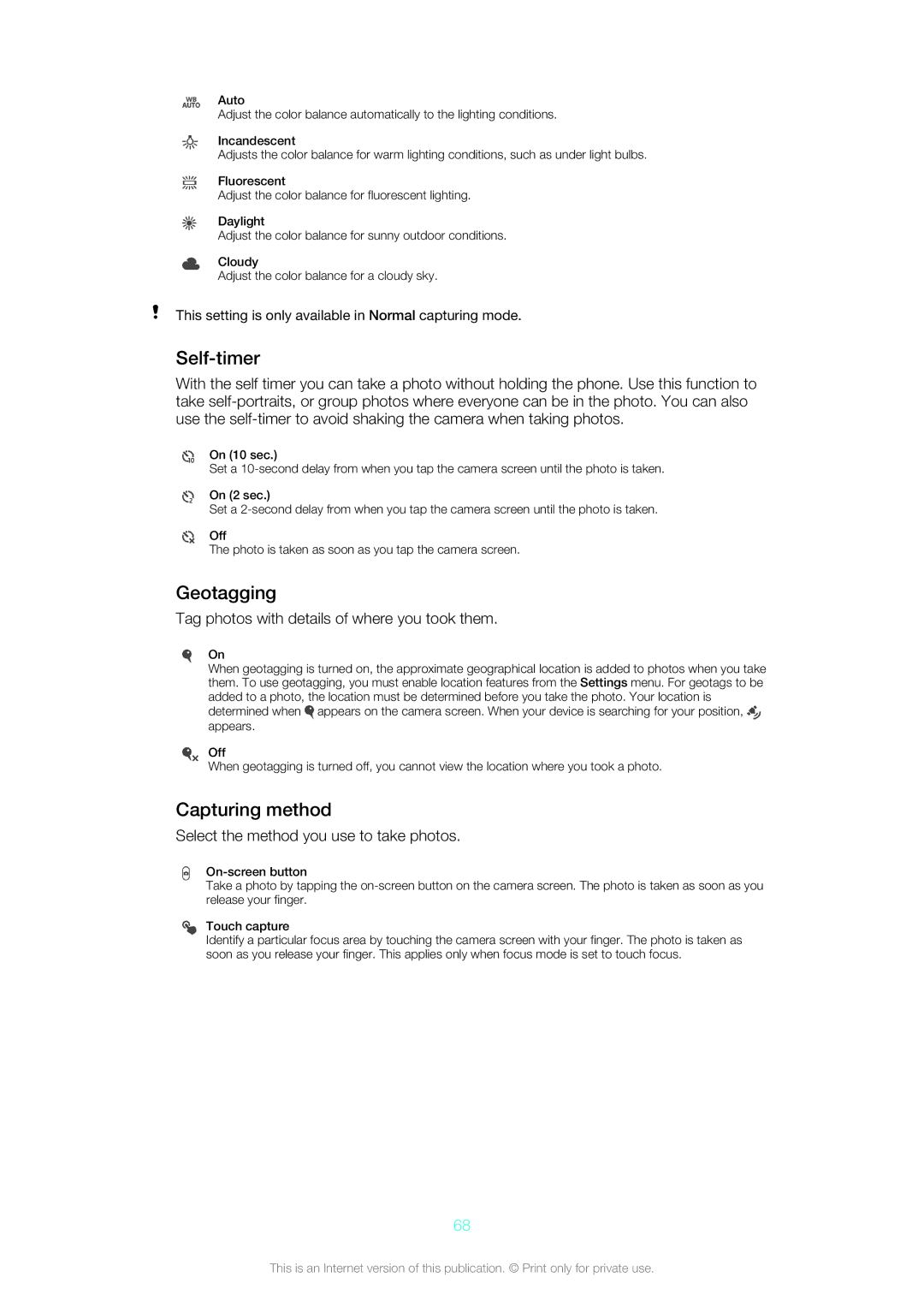 Sony ST26a, ST26i manual Self-timer, Geotagging, Capturing method 