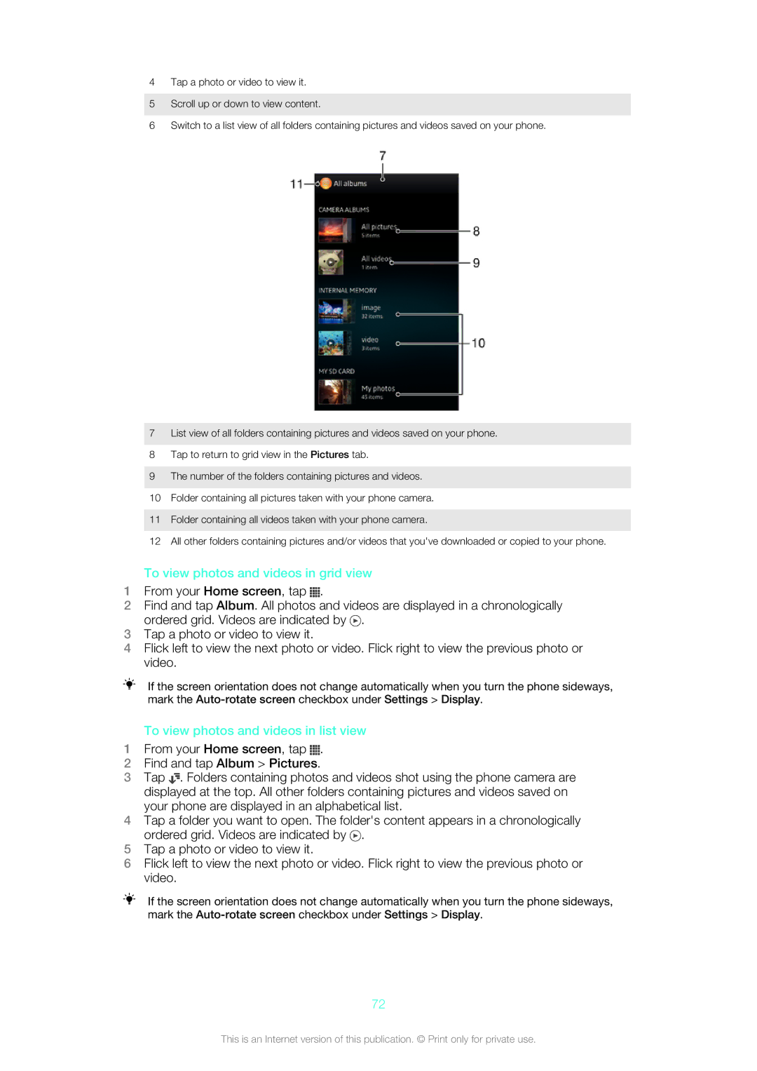 Sony ST26a, ST26i manual To view photos and videos in grid view, To view photos and videos in list view 