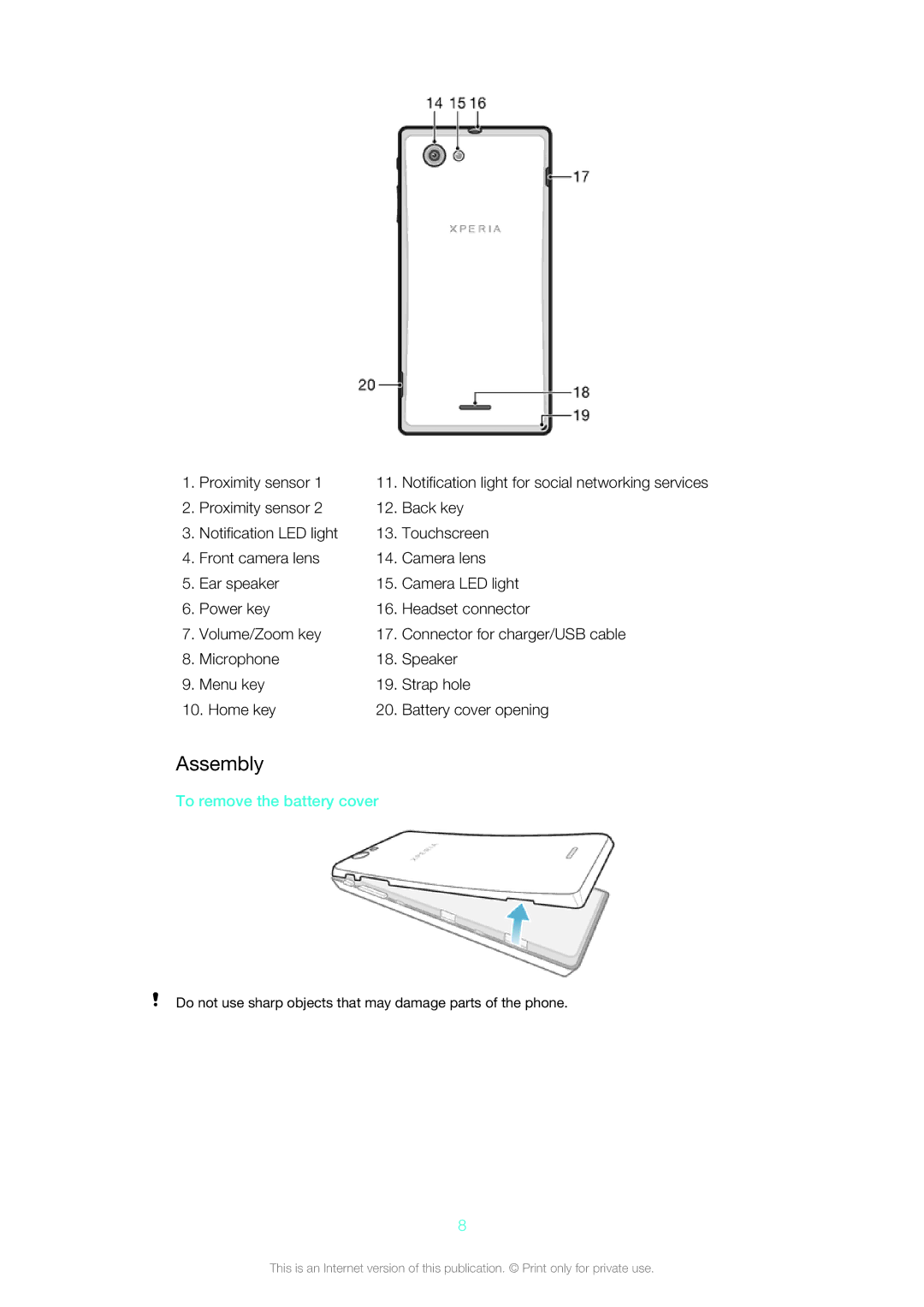 Sony ST26a, ST26i manual Assembly, To remove the battery cover 