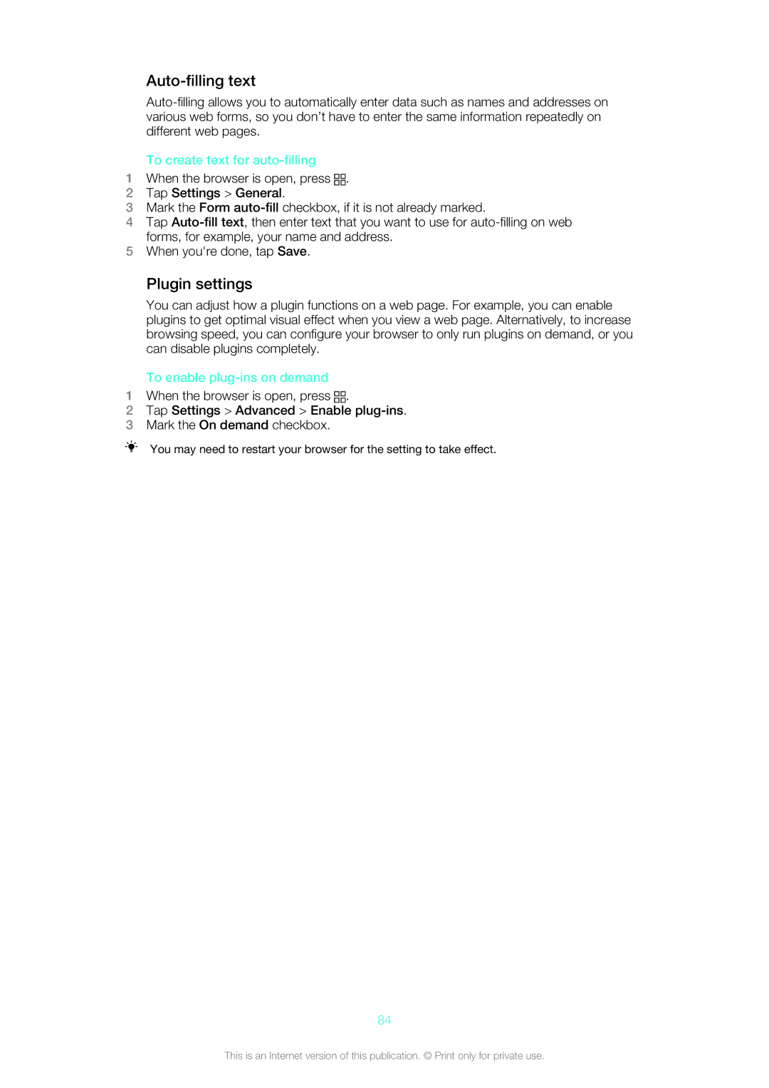 Sony ST26a, ST26i manual Auto-filling text, Plugin settings, To create text for auto-filling, To enable plug-ins on demand 