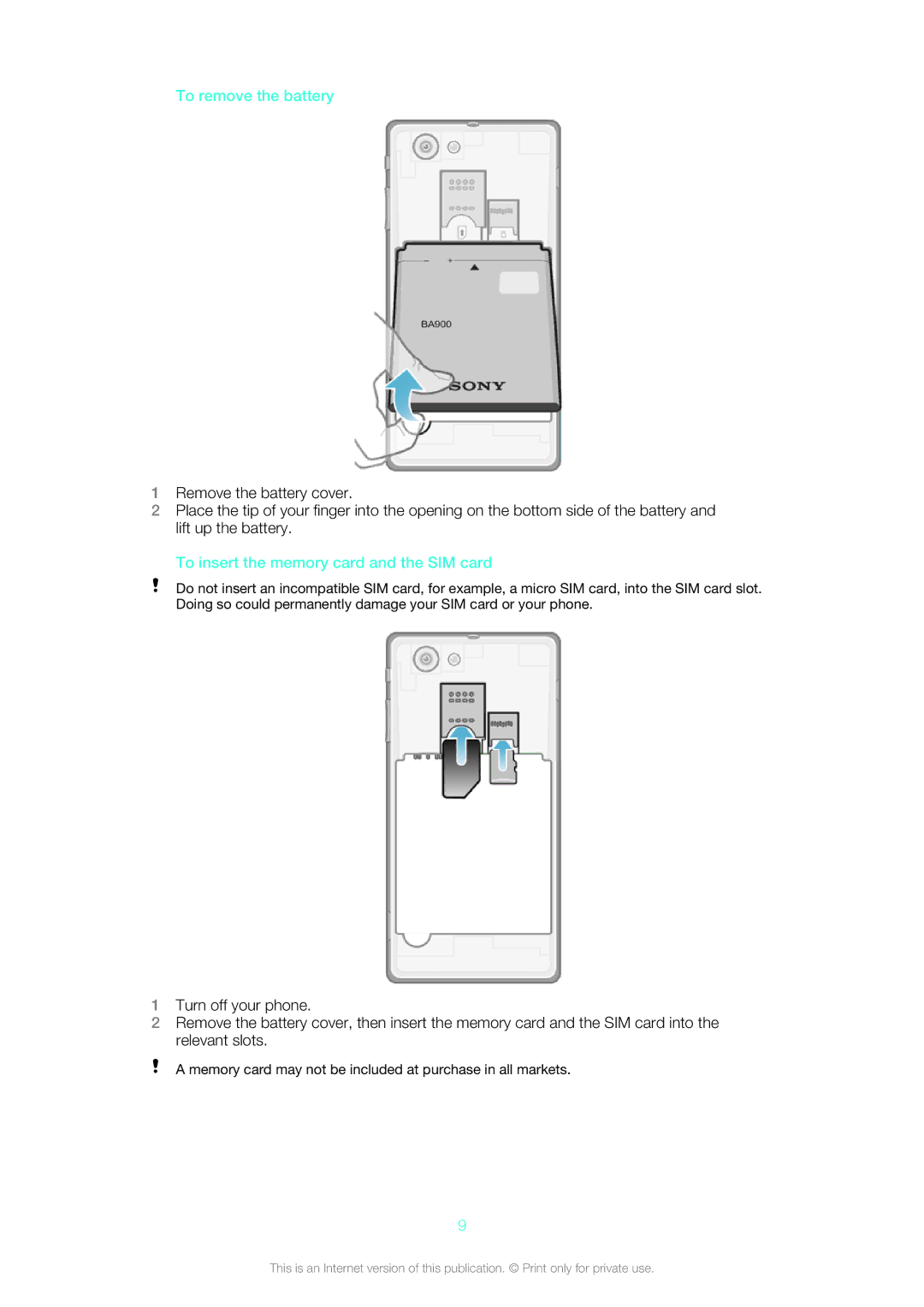 Sony ST26i, ST26a manual To remove the battery, To insert the memory card and the SIM card 