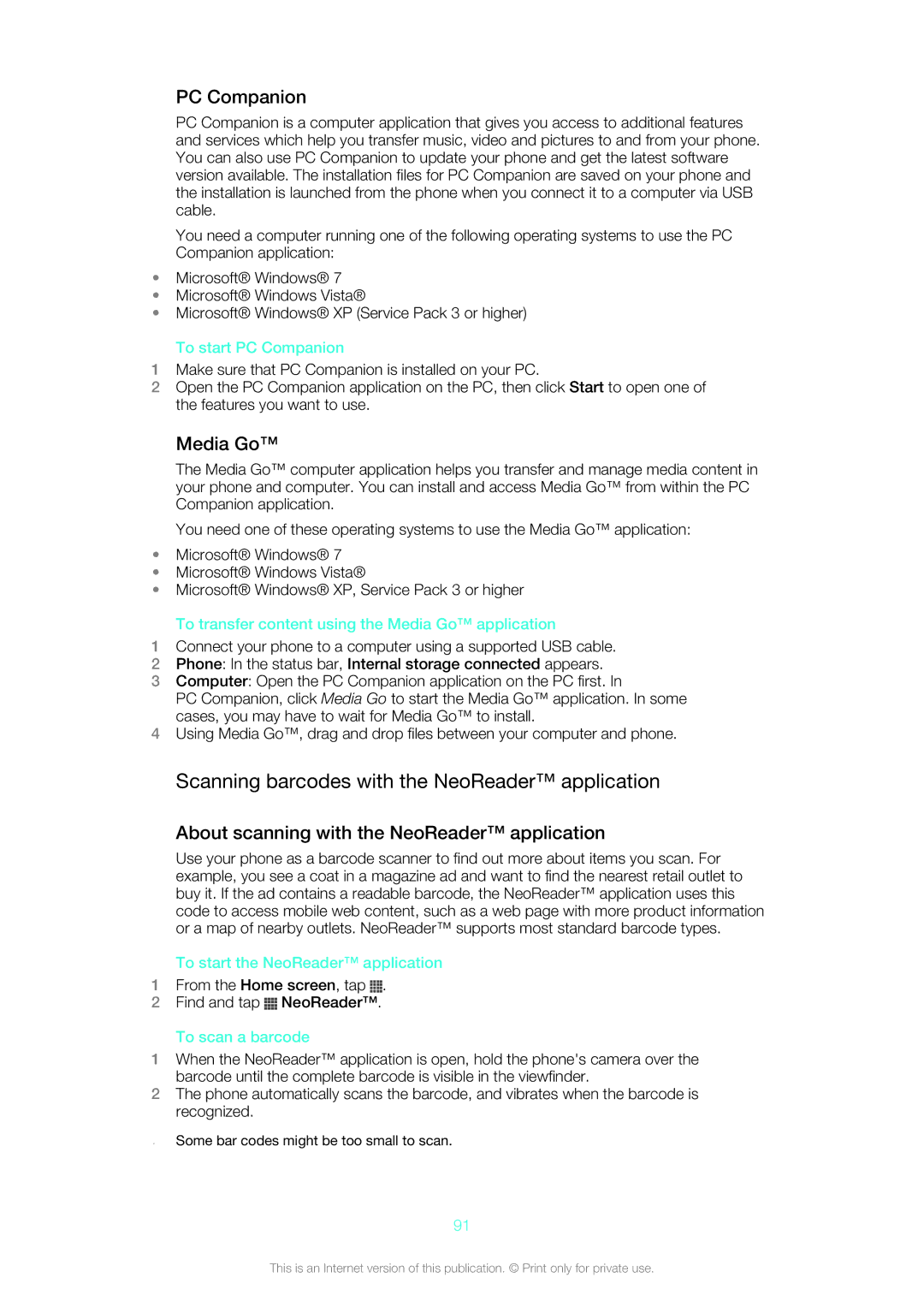 Sony ST26i, ST26a manual Scanning barcodes with the NeoReader application, PC Companion, Media Go 
