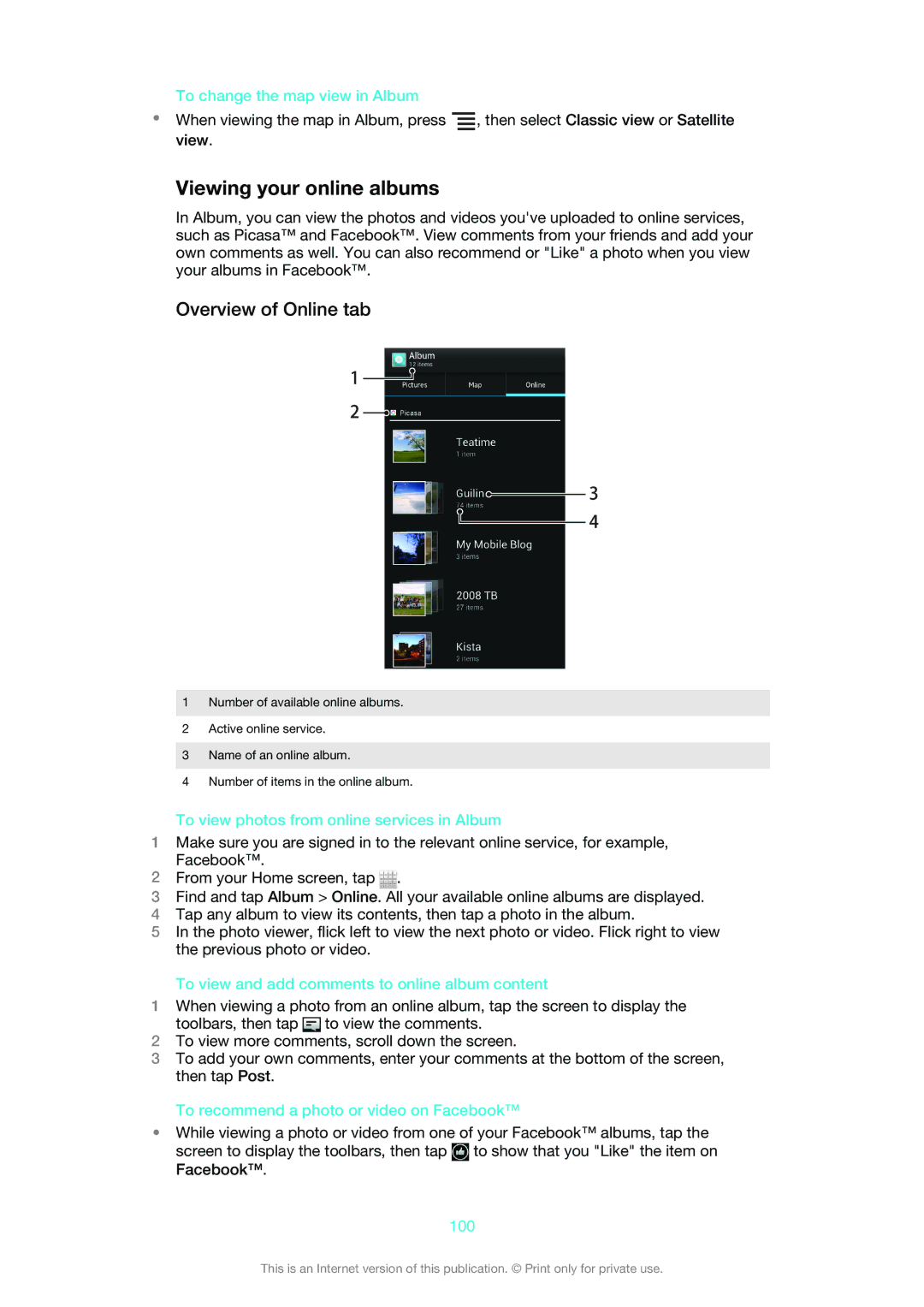 Sony ST26i, 1265-9041, 1265-9045, 1265-9044, 1265-9043 manual Viewing your online albums, Overview of Online tab 