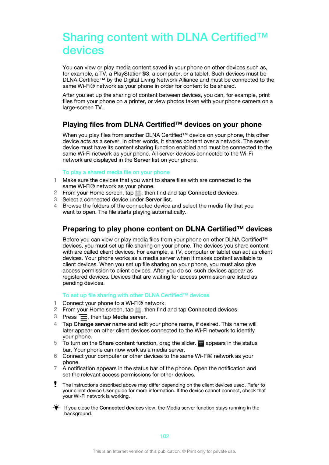 Sony 1265-9045, ST26i Sharing content with Dlna Certified devices, Playing files from Dlna Certified devices on your phone 
