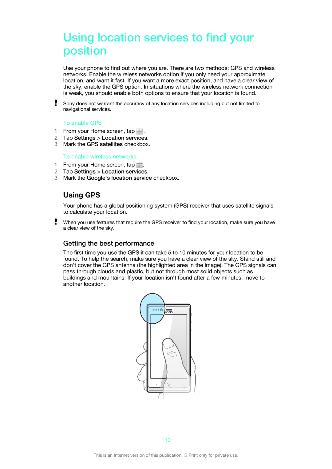 Sony ST26i, 1265-9041, 1265-9045 Using location services to find your position, Using GPS, Getting the best performance 