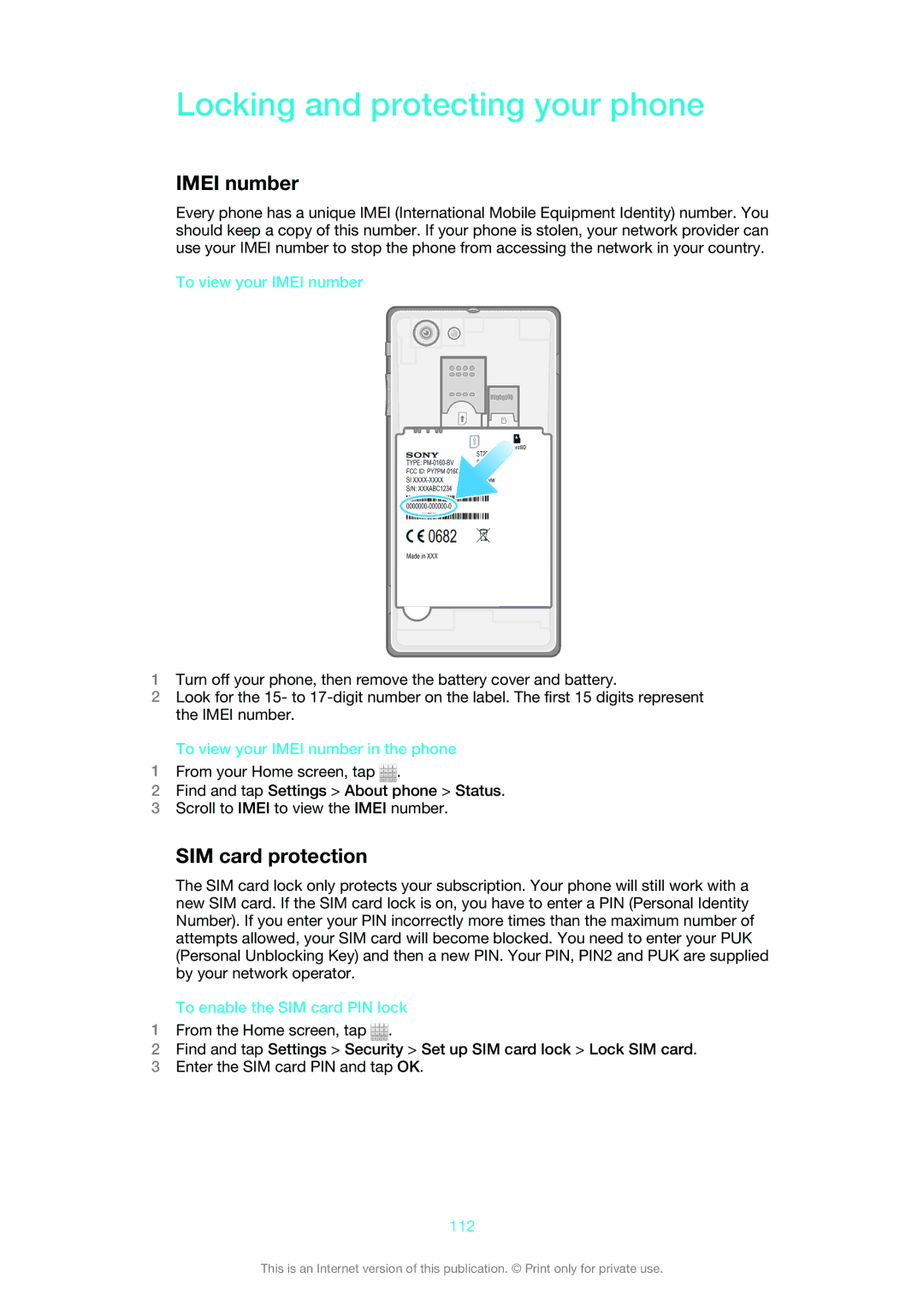 Sony 1265-9045, ST26i, 1265-9041, 1265-9044, 1265-9043 Locking and protecting your phone, Imei number, SIM card protection 