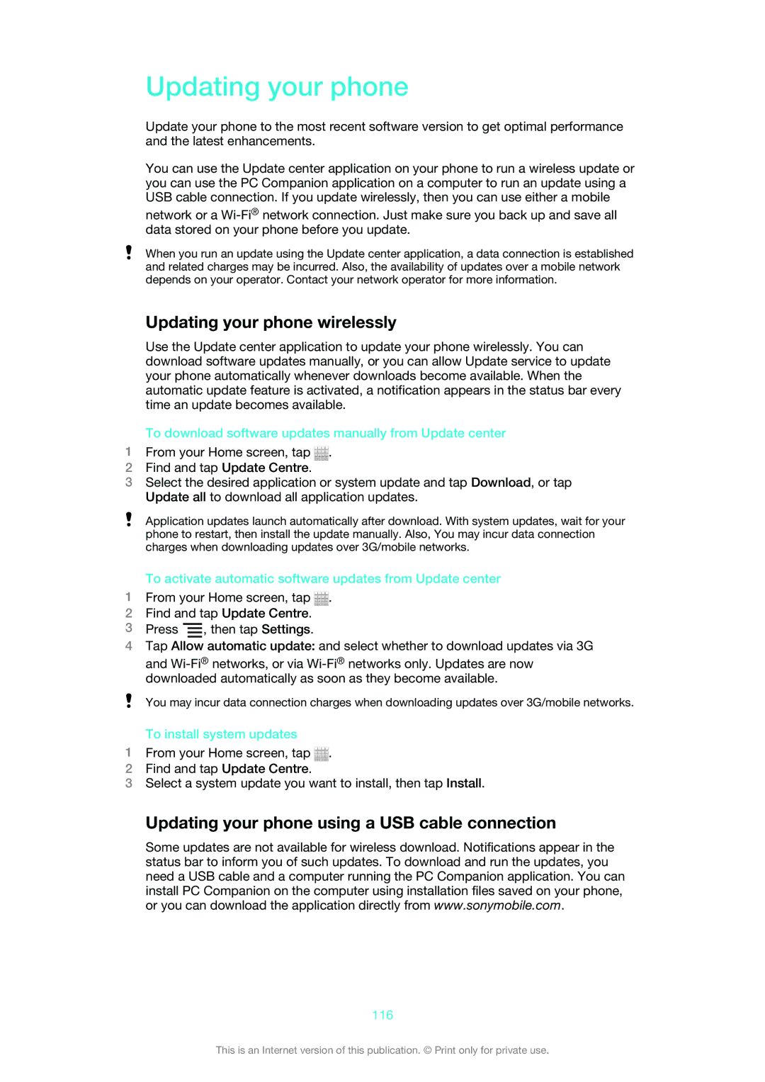 Sony 1265-9041, ST26i, 1265-9045 manual Updating your phone wirelessly, Updating your phone using a USB cable connection 