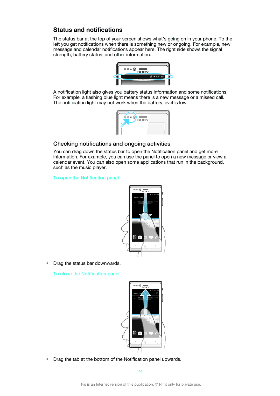 Sony 1265-9043 Status and notifications, Checking notifications and ongoing activities, To open the Notification panel 