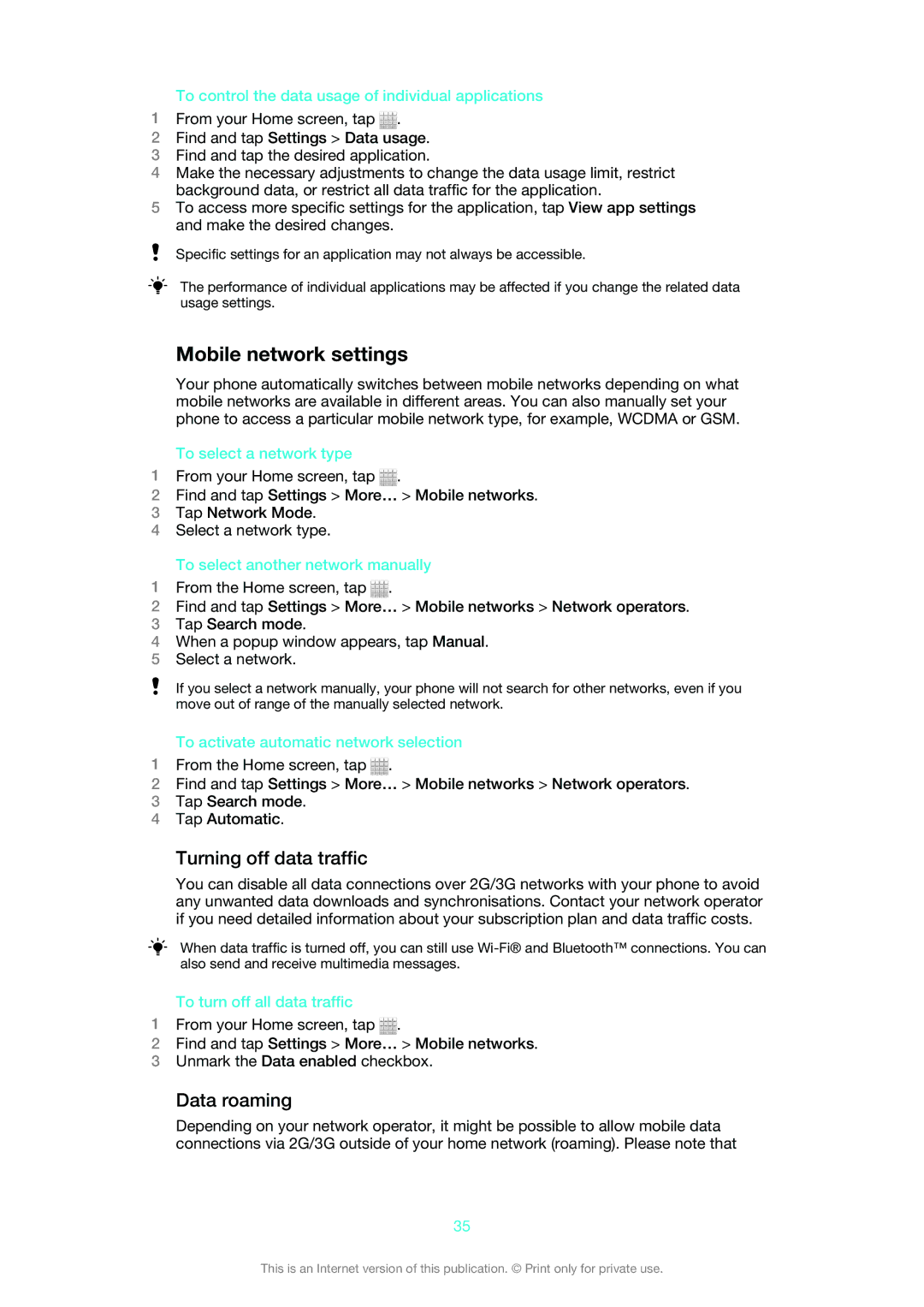 Sony ST26i, 1265-9041, 1265-9045, 1265-9044, 1265-9043 manual Mobile network settings, Turning off data traffic, Data roaming 