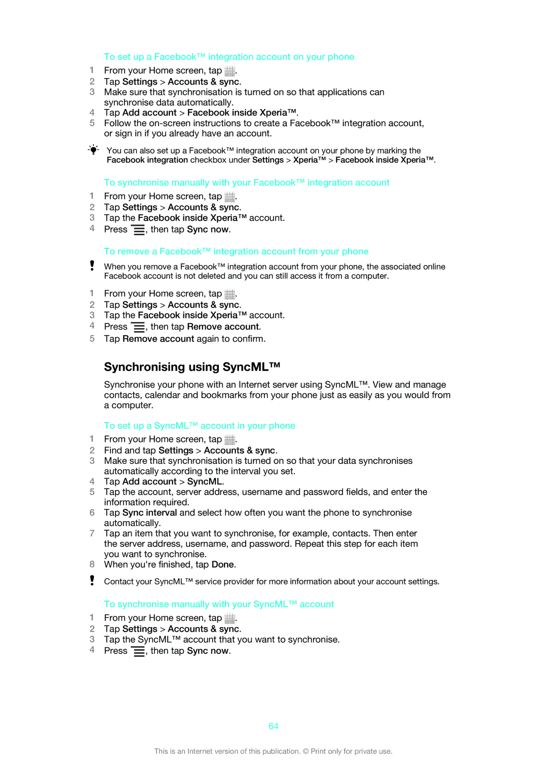 Sony 1265-9043, ST26i, 1265-9041 manual Synchronising using SyncML, To set up a Facebook integration account on your phone 