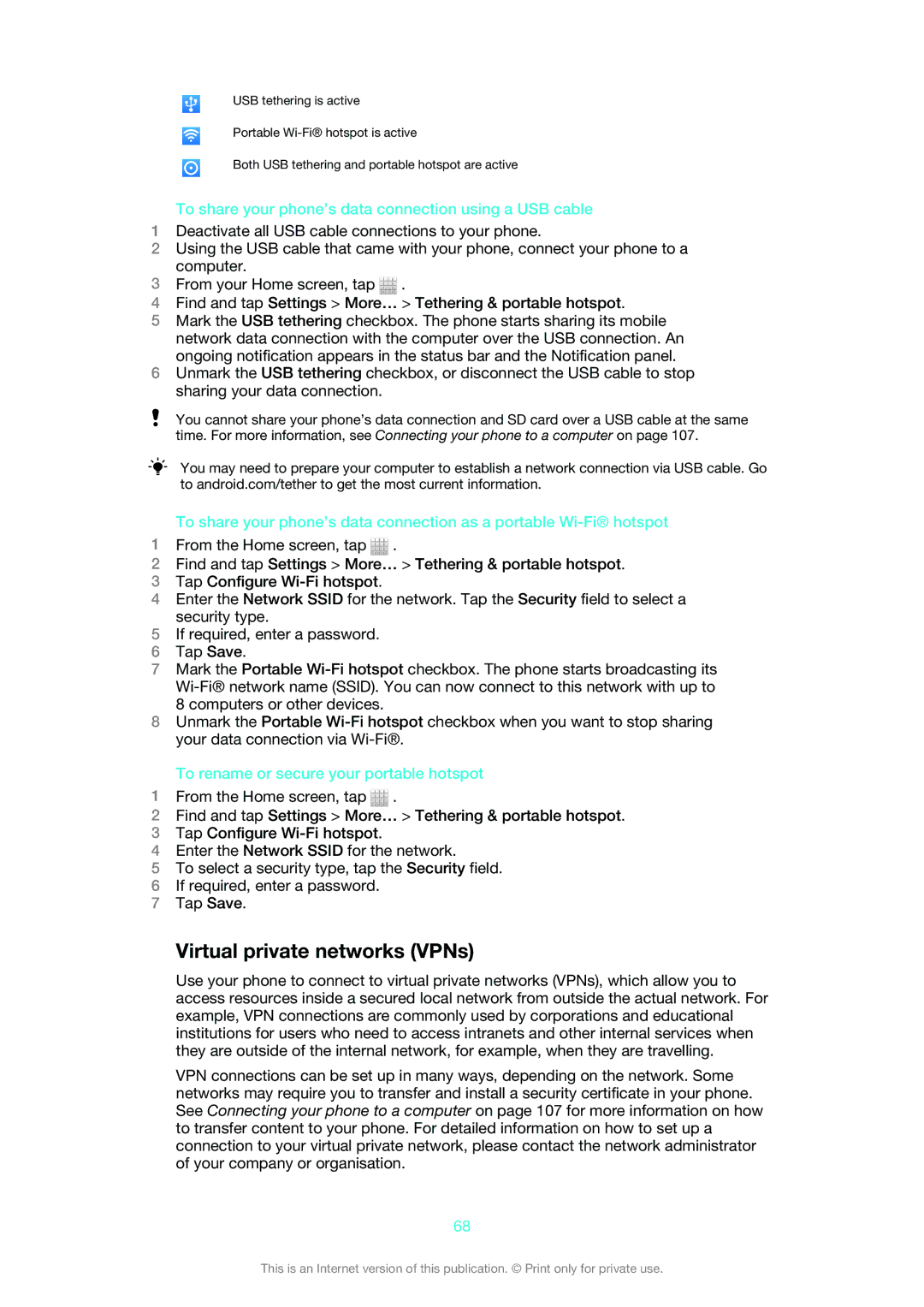 Sony 1265-9044, ST26i, 1265-9041 Virtual private networks VPNs, To share your phone’s data connection using a USB cable 