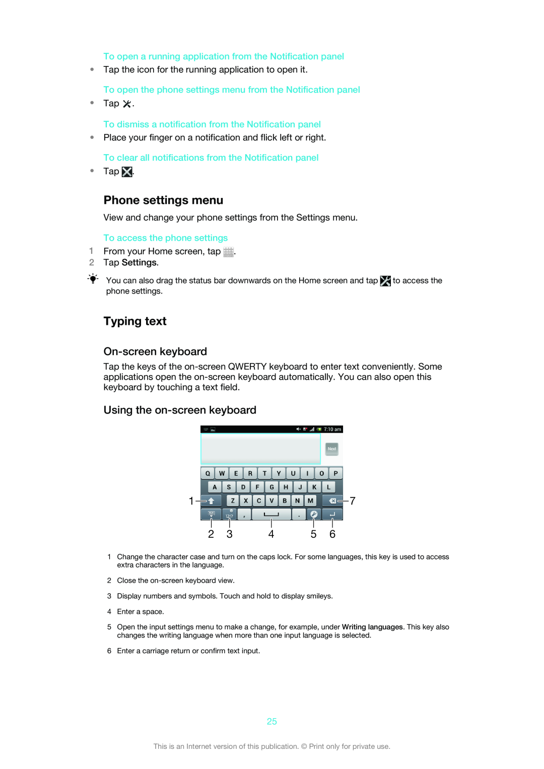 Sony ST26i, 1265-9041, 1265-9045 manual Phone settings menu, Typing text, On-screen keyboard, Using the on-screen keyboard 