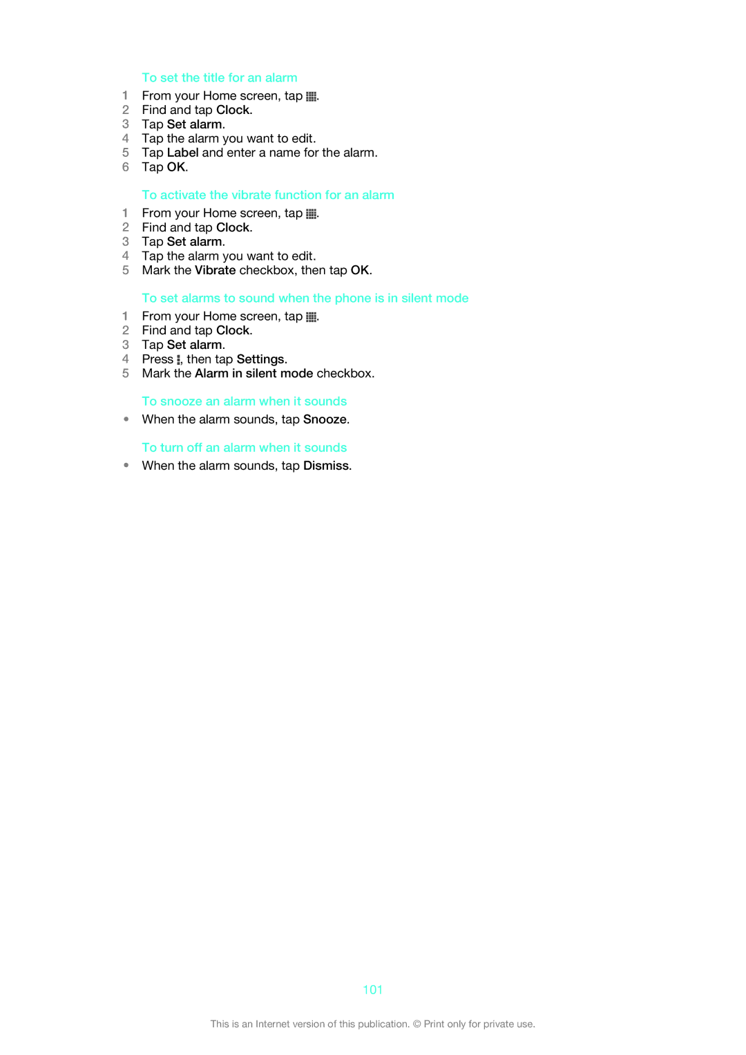 Sony ST26i/ST26a manual To set the title for an alarm, To activate the vibrate function for an alarm, 101 