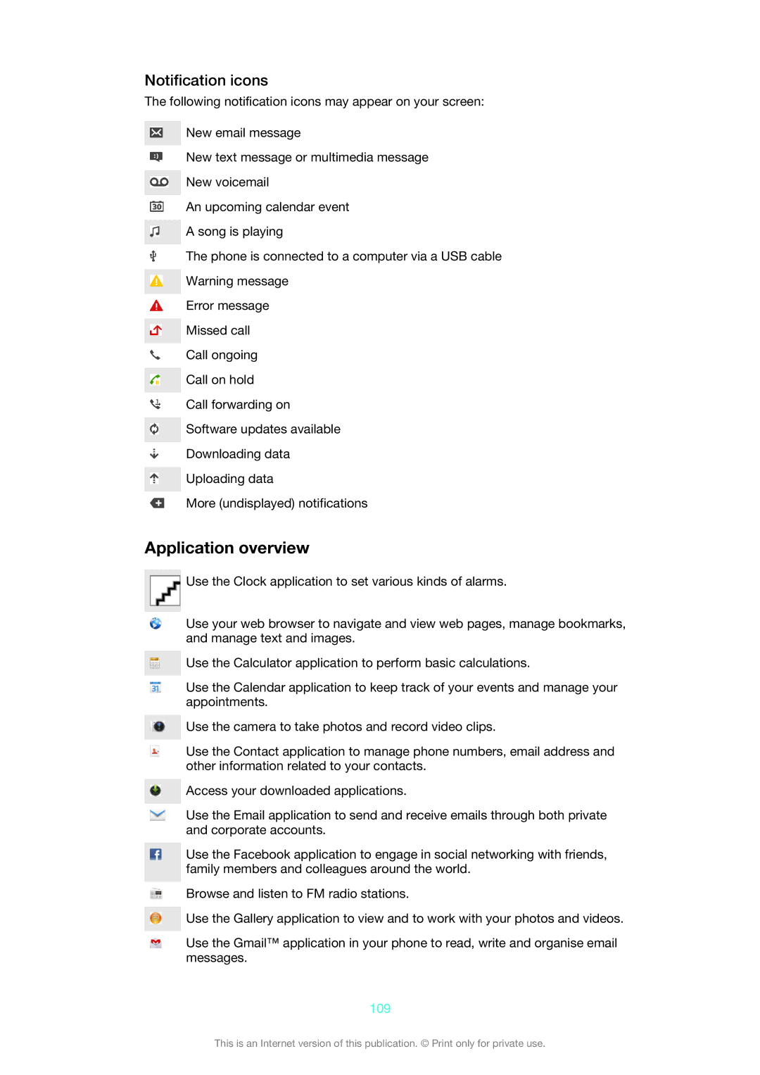 Sony ST26i/ST26a manual Application overview, Notification icons, 109 