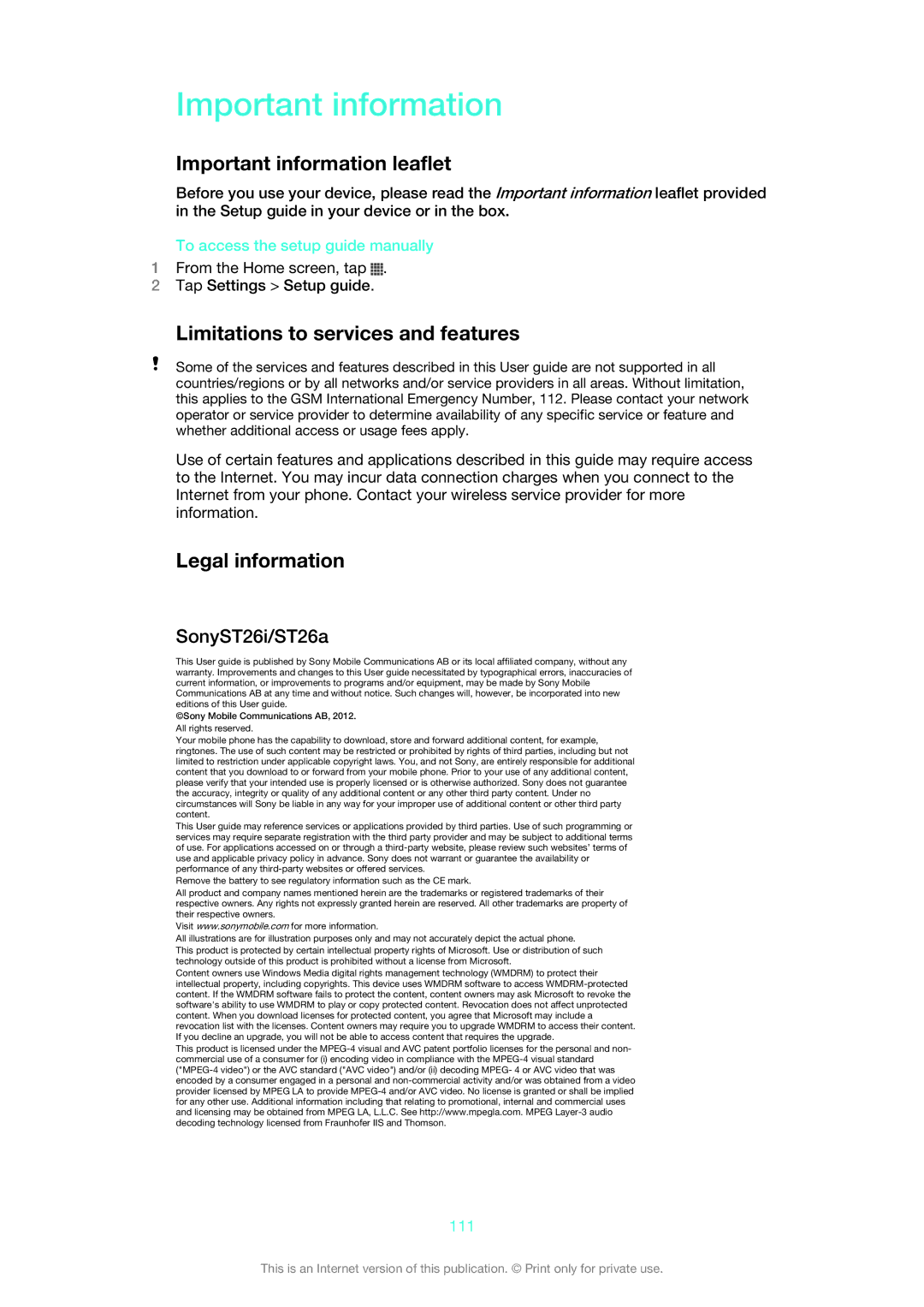 Sony ST26i/ST26a manual Important information leaflet, Limitations to services and features, Legal information 