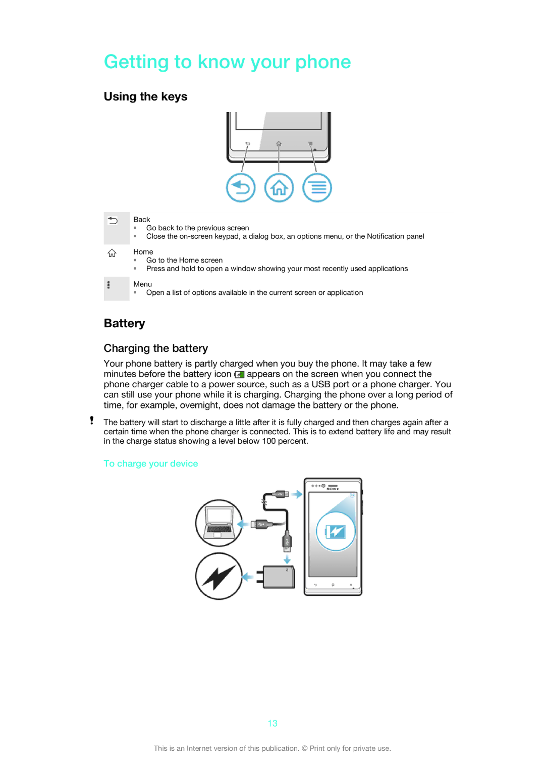 Sony ST26i/ST26a manual Getting to know your phone, Using the keys, Battery, Charging the battery, To charge your device 