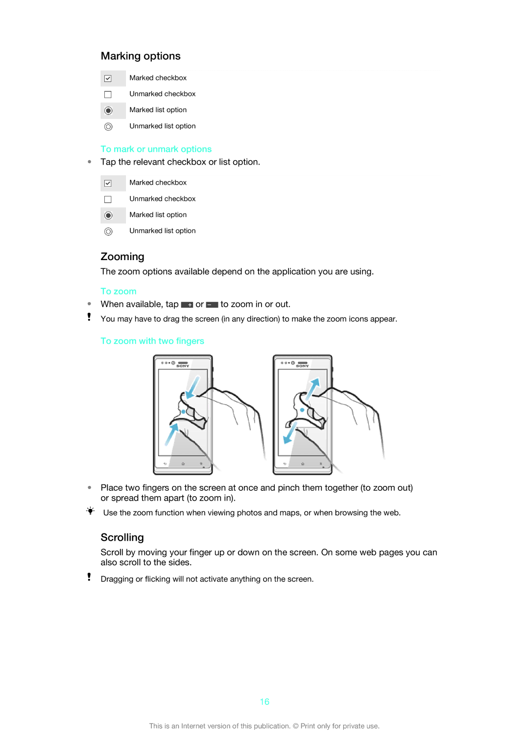 Sony ST26i/ST26a manual Marking options, Zooming, Scrolling 