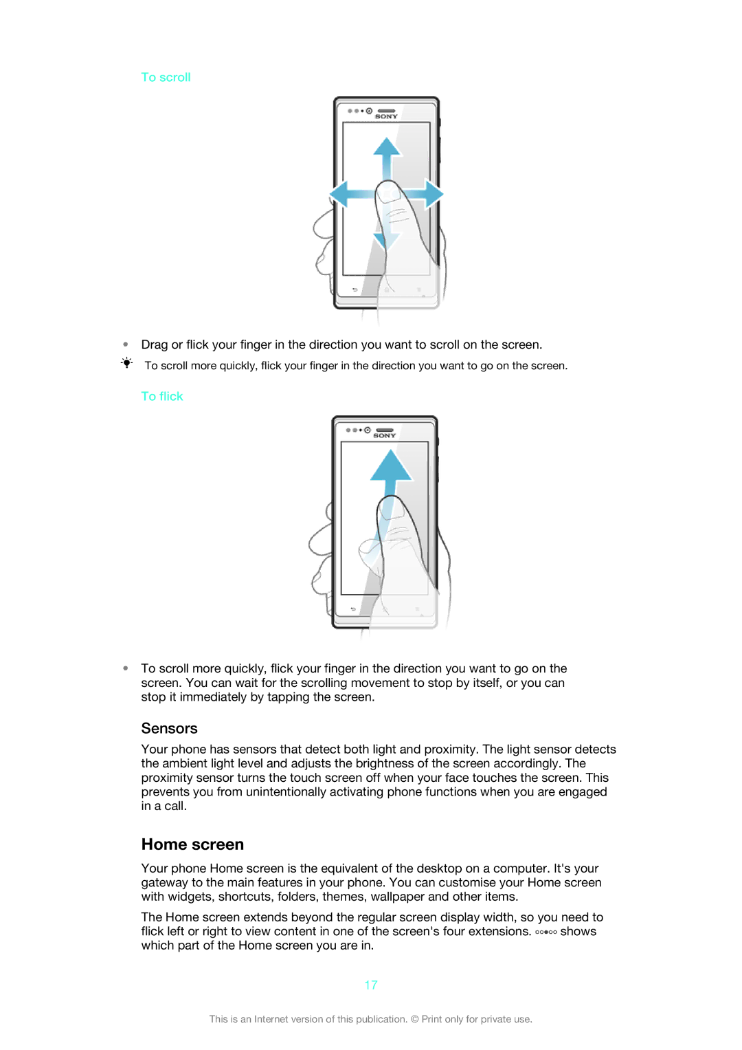 Sony ST26i/ST26a manual Home screen, Sensors, To scroll, To flick 