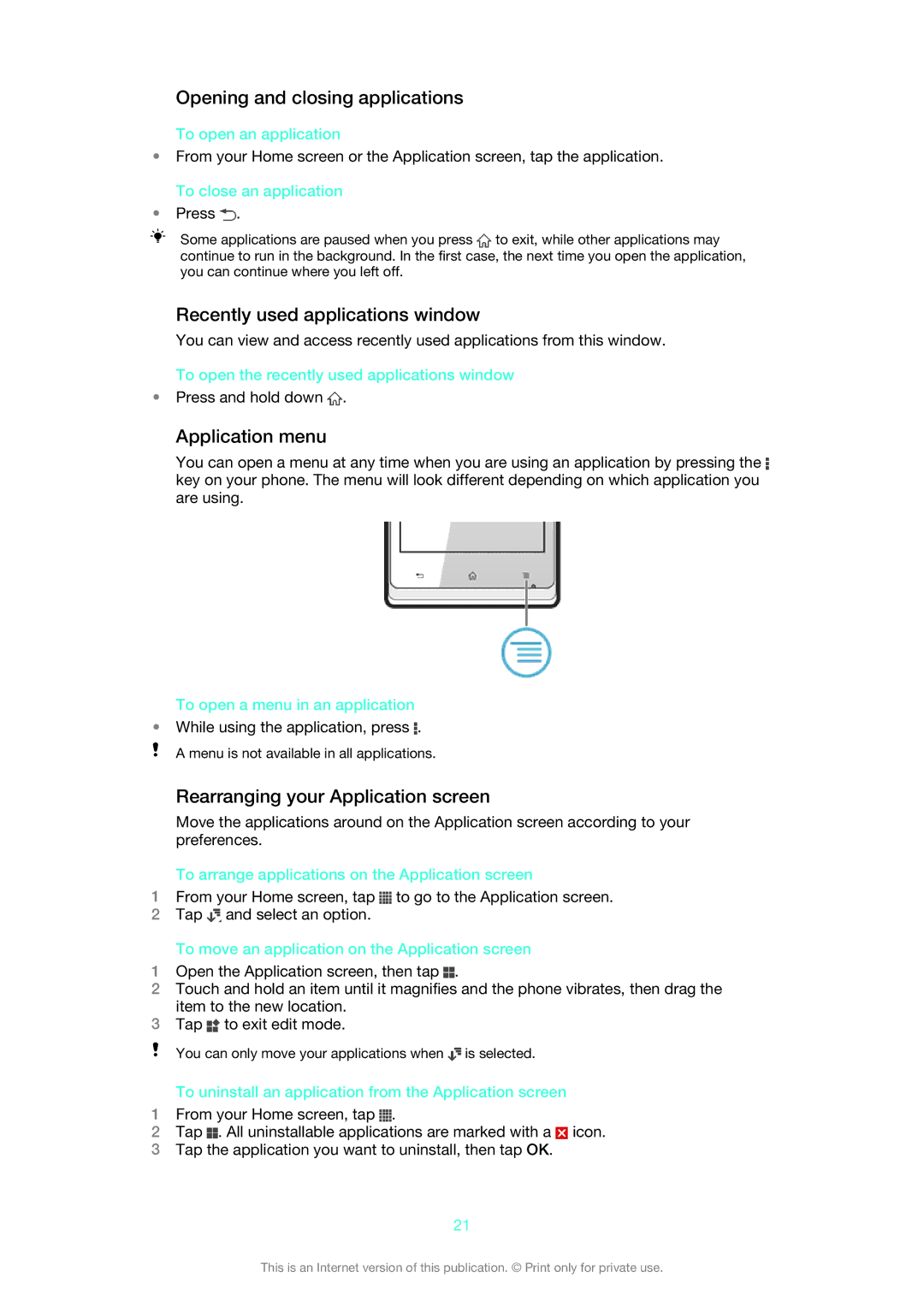 Sony ST26i/ST26a manual Opening and closing applications, Recently used applications window, Application menu 