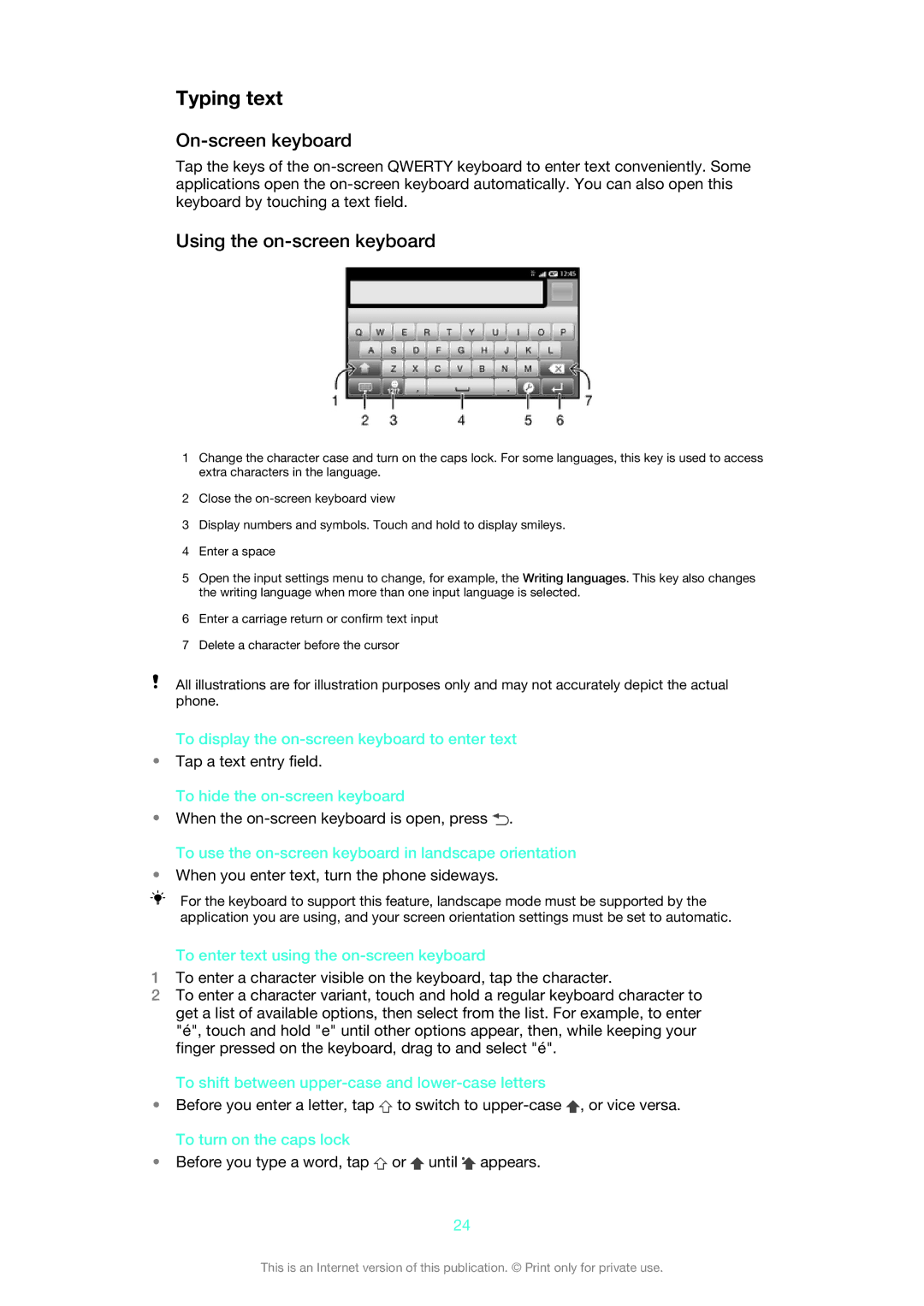 Sony ST26i/ST26a manual Typing text, On-screen keyboard, Using the on-screen keyboard 