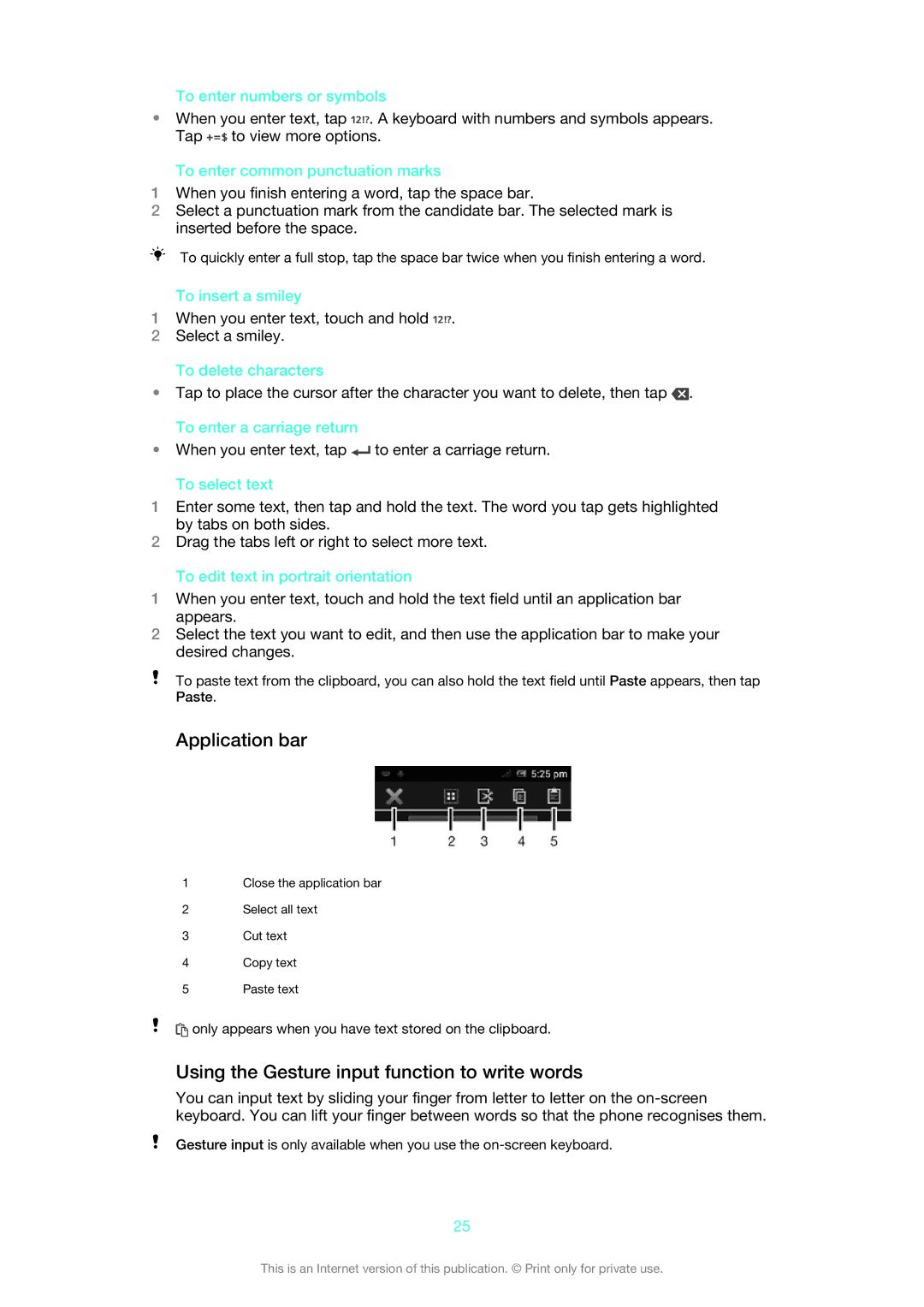 Sony ST26i/ST26a manual Application bar, Using the Gesture input function to write words 