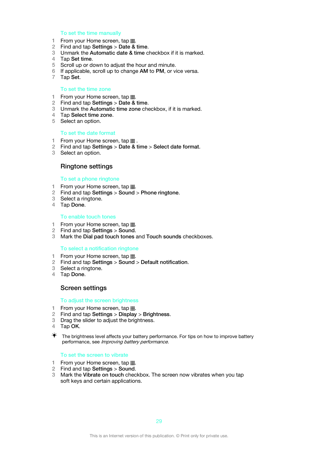 Sony ST26i/ST26a manual Ringtone settings, Screen settings 