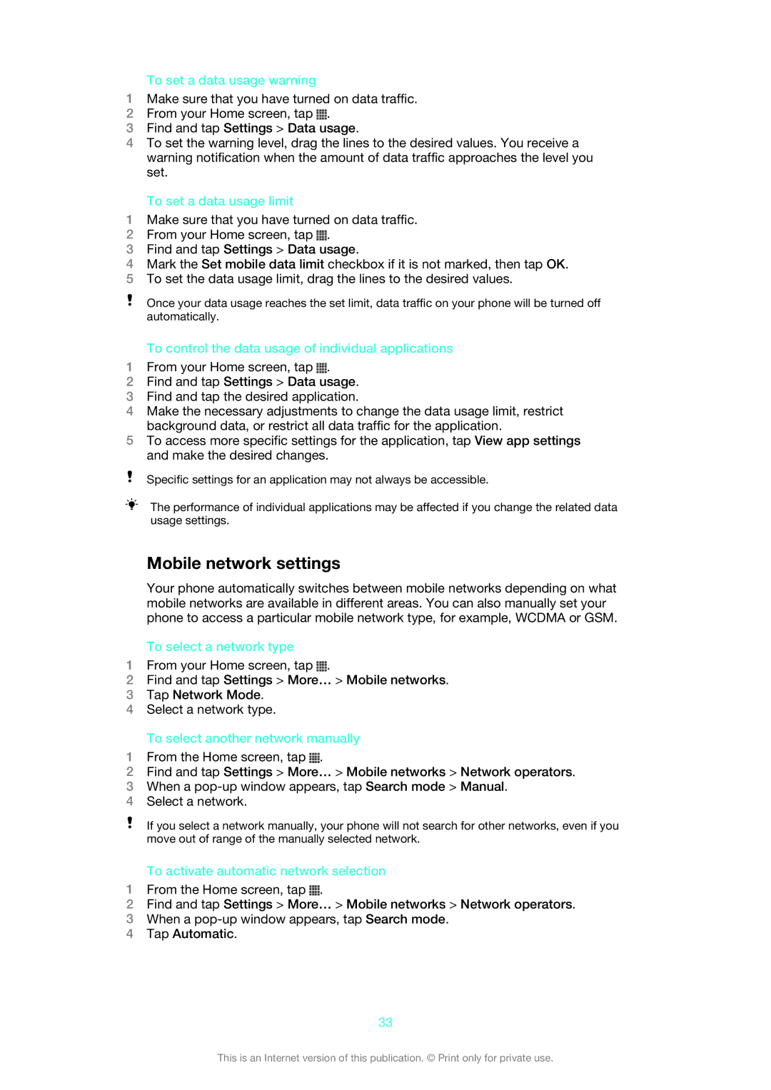 Sony ST26i/ST26a manual Mobile network settings 