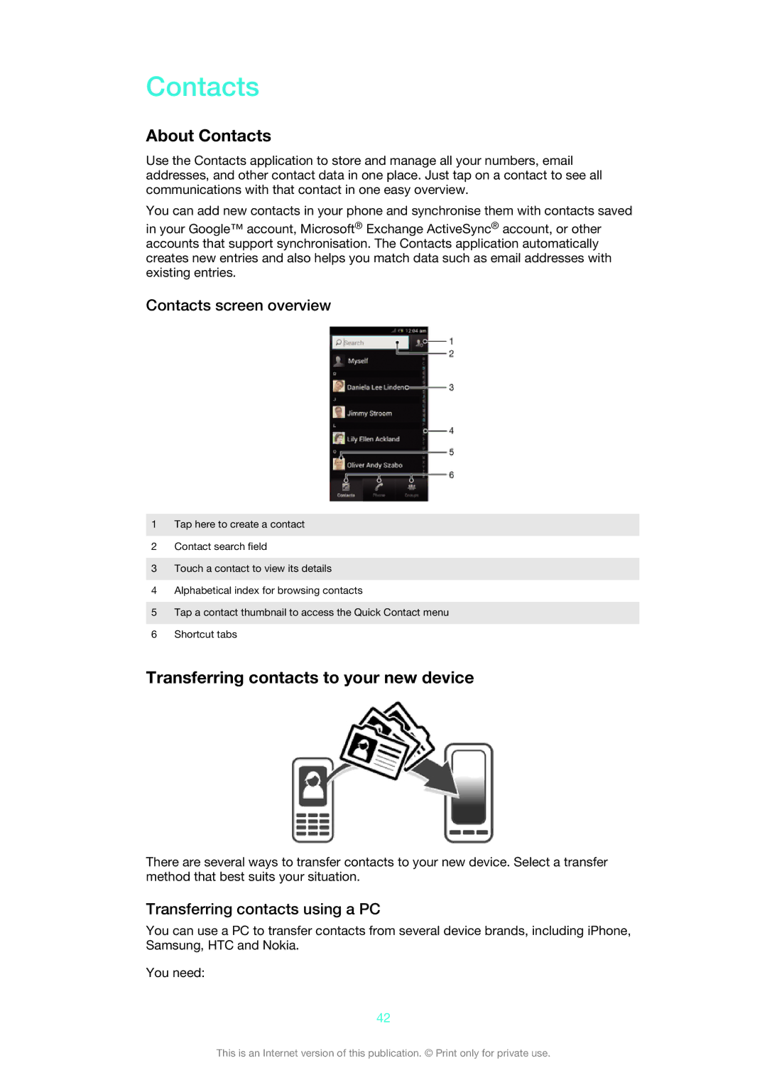Sony ST26i/ST26a manual About Contacts, Transferring contacts to your new device, Contacts screen overview 