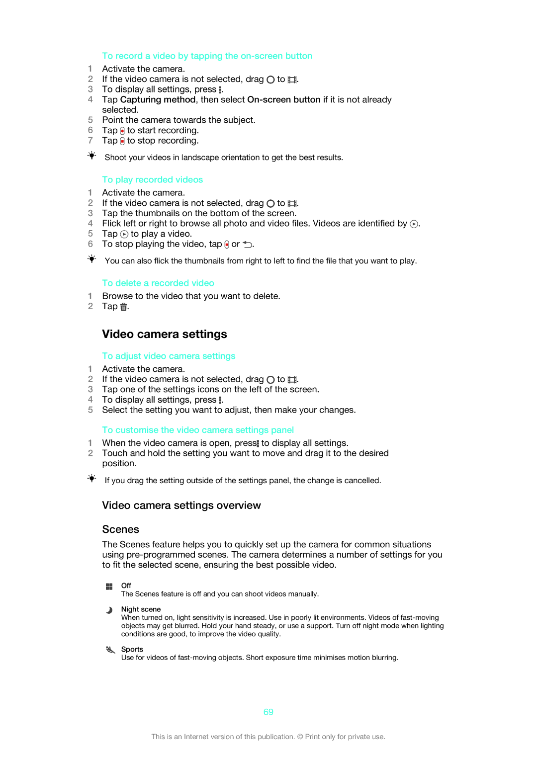 Sony ST26i/ST26a manual Video camera settings overview Scenes 