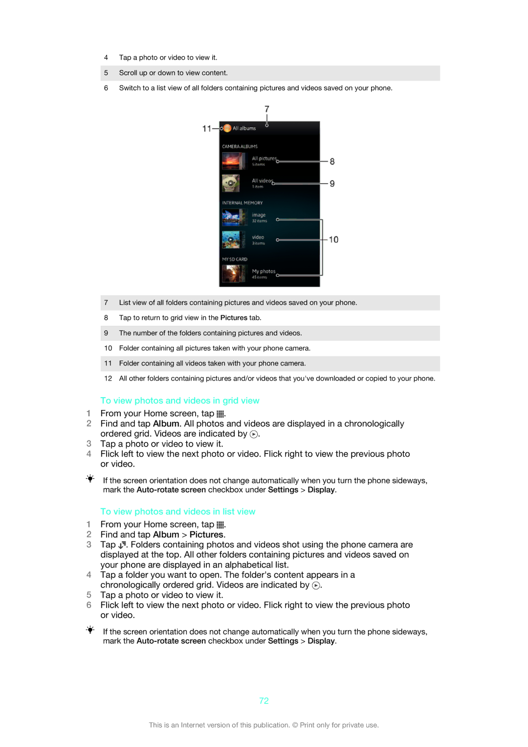 Sony ST26i/ST26a manual To view photos and videos in grid view, To view photos and videos in list view 