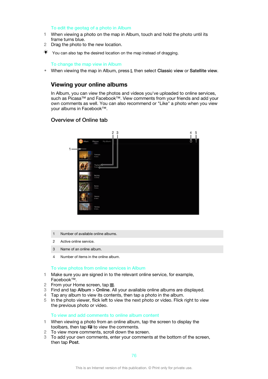 Sony ST26i/ST26a manual Viewing your online albums, Overview of Online tab 