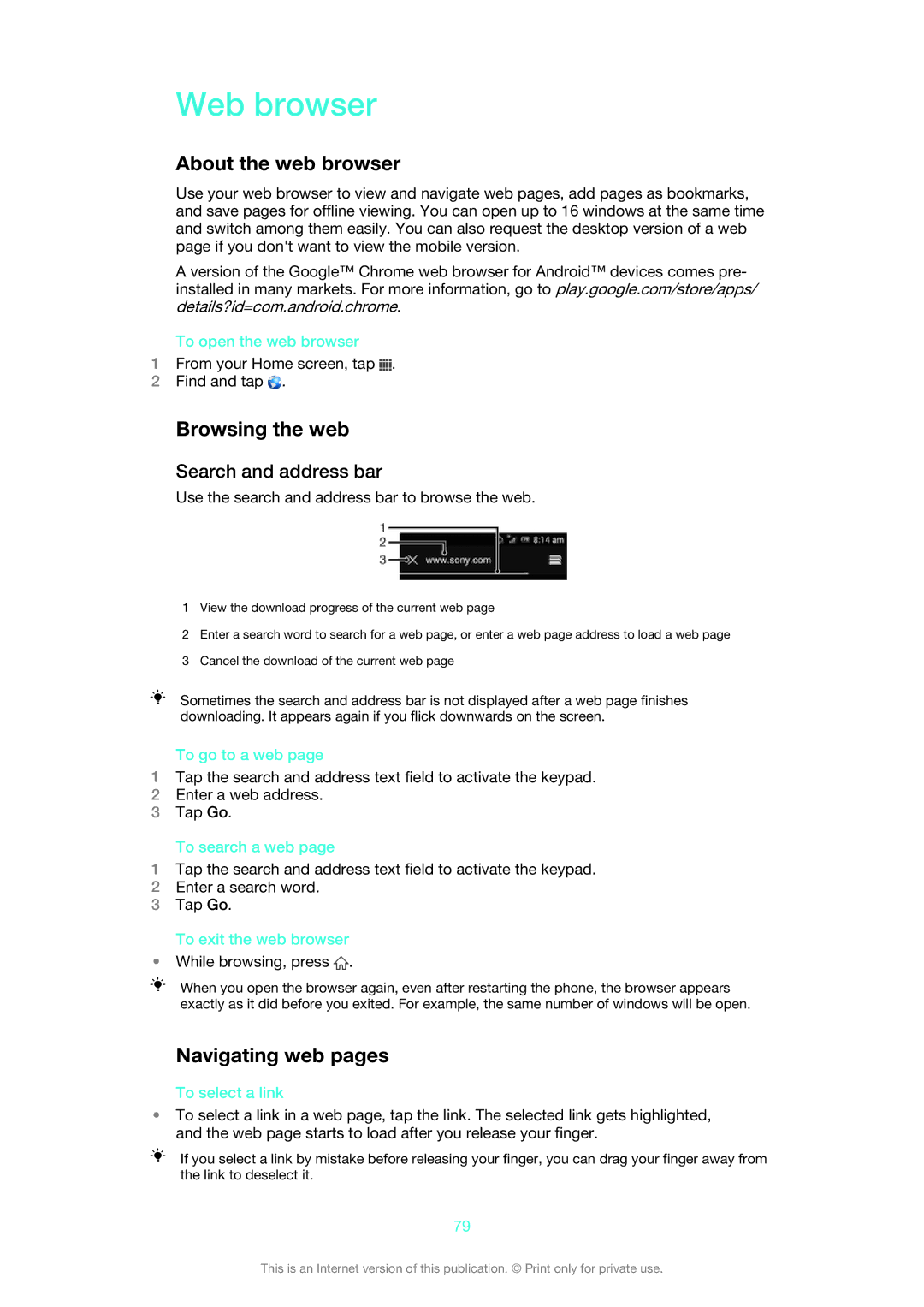 Sony ST26i/ST26a manual Web browser, About the web browser, Browsing the web, Navigating web pages, Search and address bar 