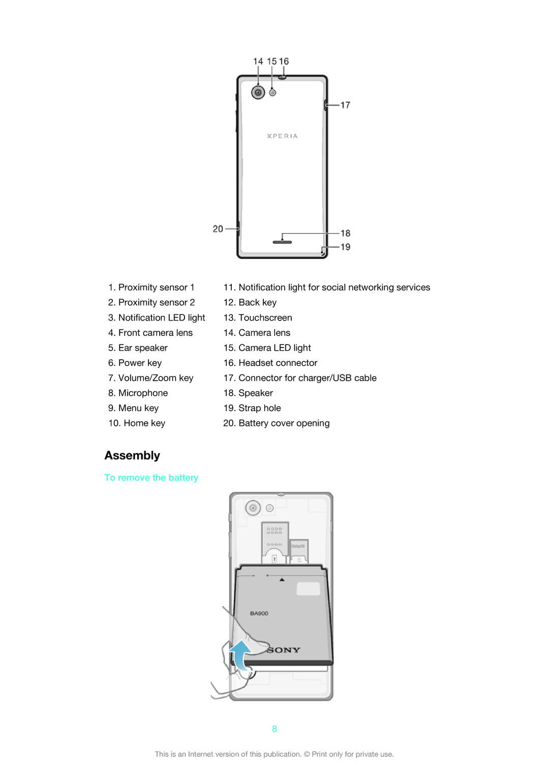 Sony ST26i/ST26a manual Assembly, To remove the battery 