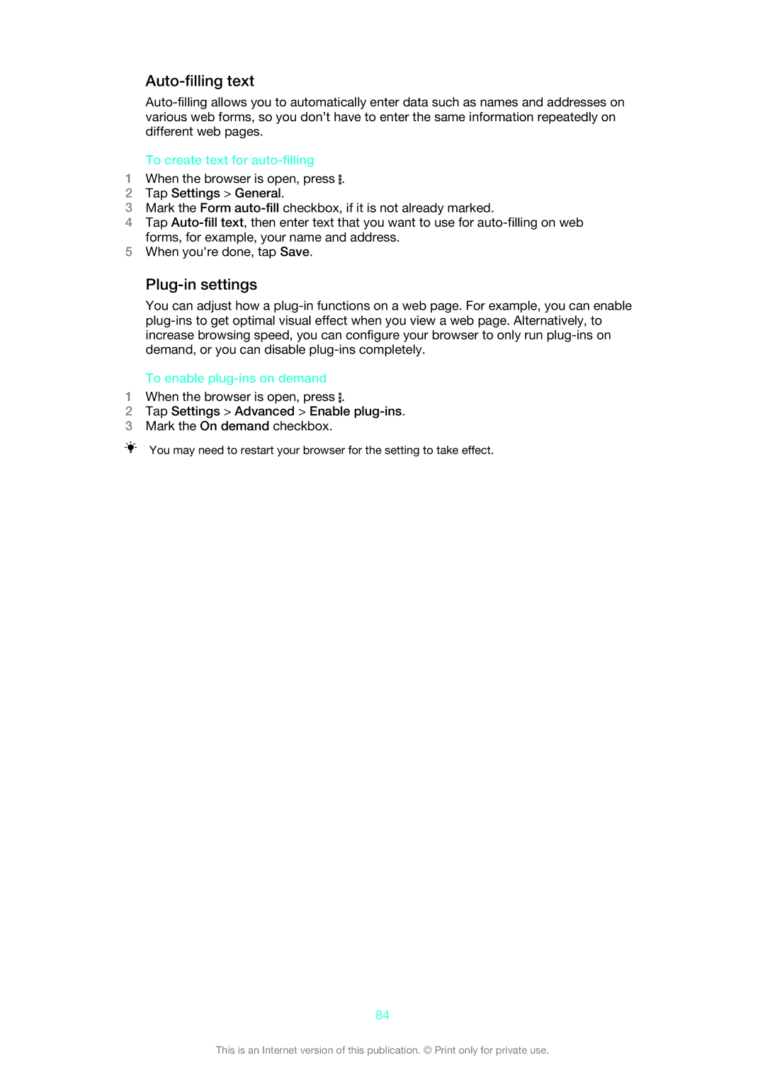 Sony ST26i/ST26a manual Auto-filling text, Plug-in settings, To create text for auto-filling, To enable plug-ins on demand 