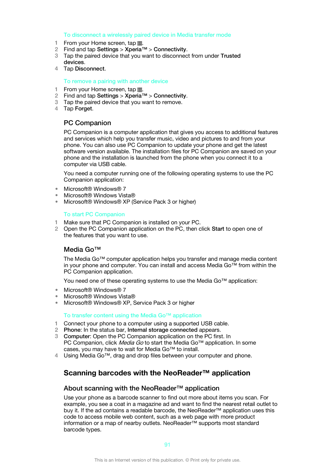 Sony ST26i/ST26a manual Scanning barcodes with the NeoReader application, PC Companion, Media Go 