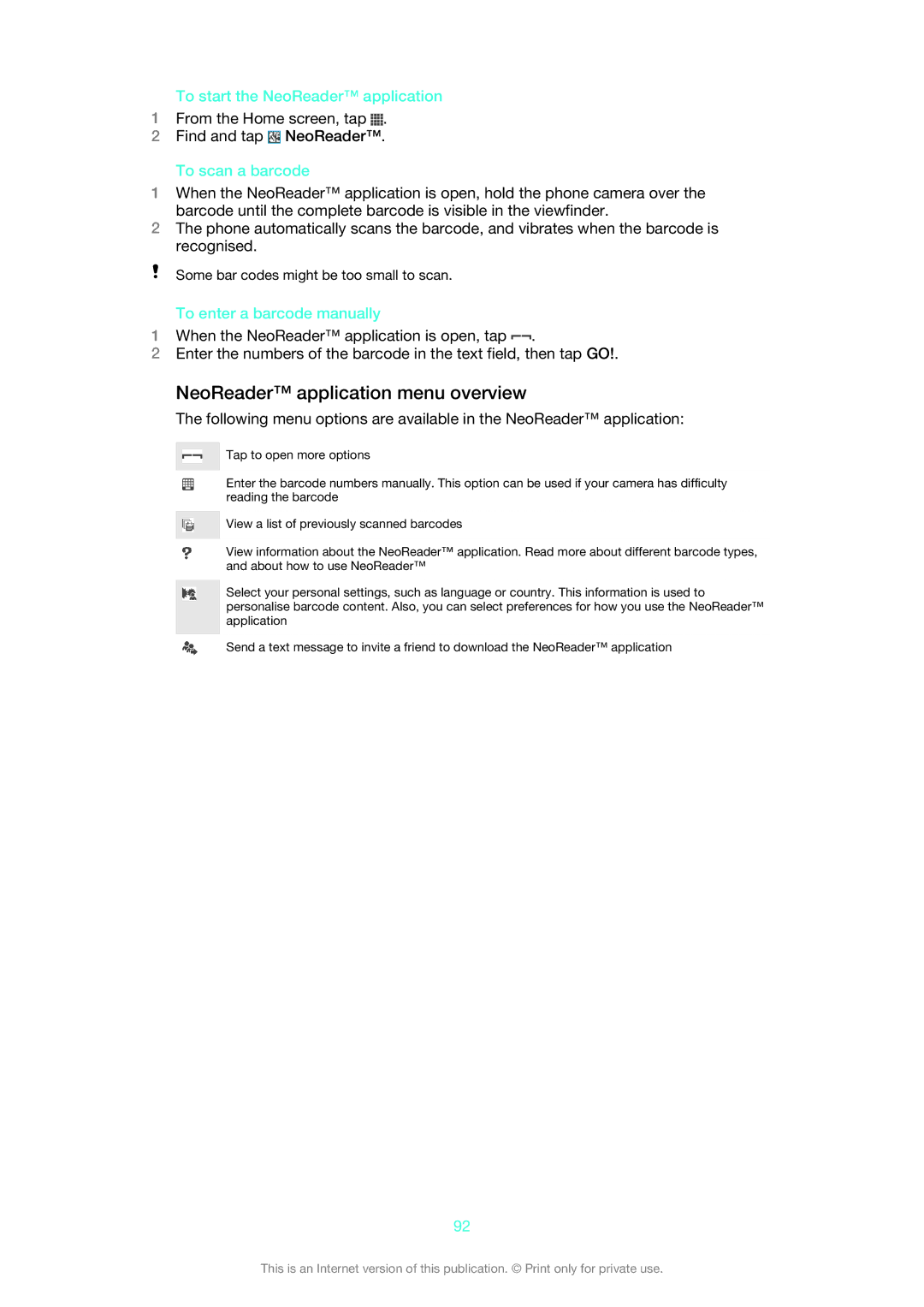 Sony ST26i/ST26a manual NeoReader application menu overview, To start the NeoReader application, To scan a barcode 