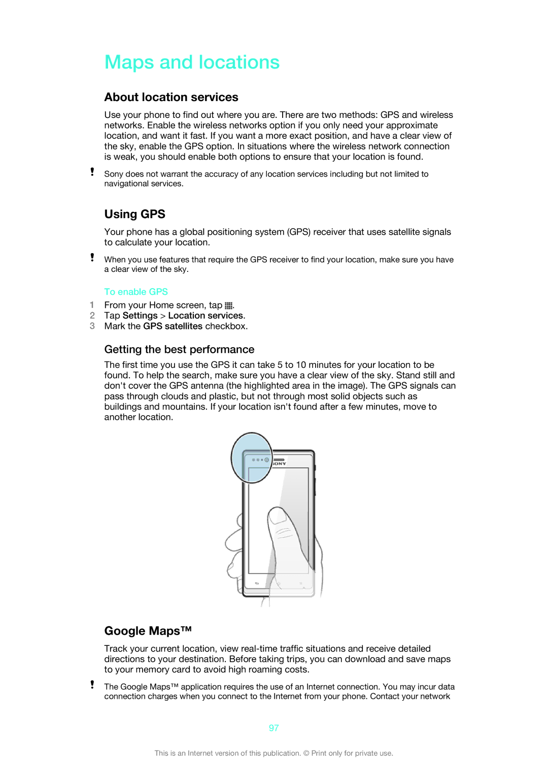 Sony ST26i/ST26a manual Maps and locations, About location services, Using GPS, Google Maps, Getting the best performance 