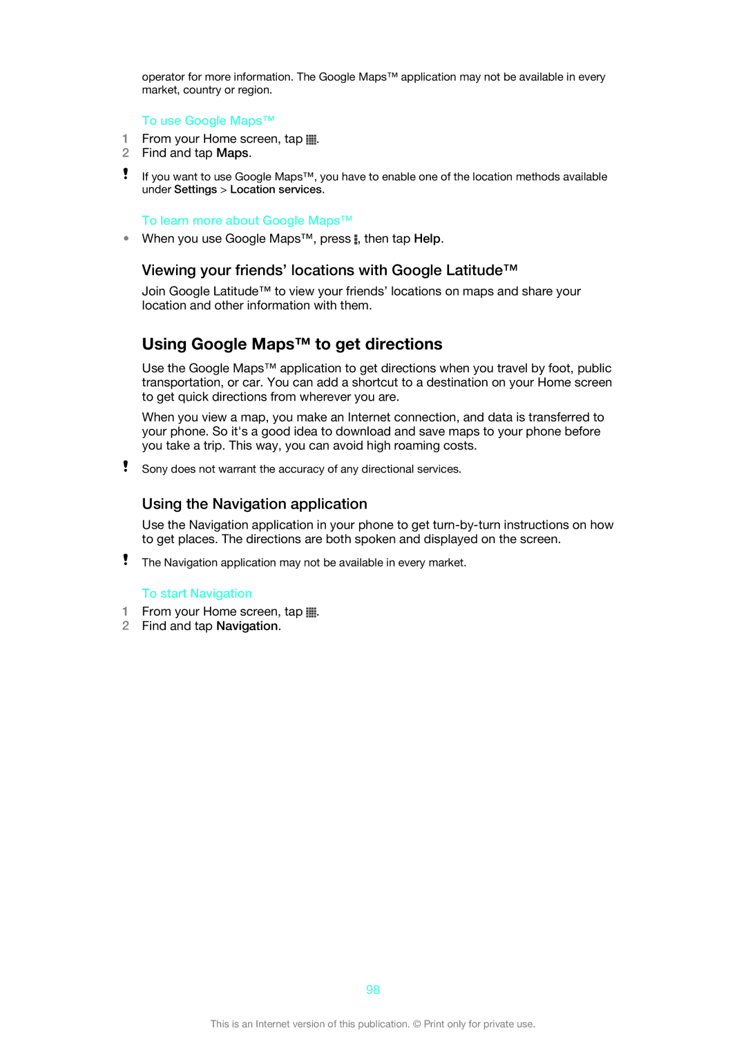 Sony ST26i/ST26a manual Using Google Maps to get directions, Viewing your friends’ locations with Google Latitude 