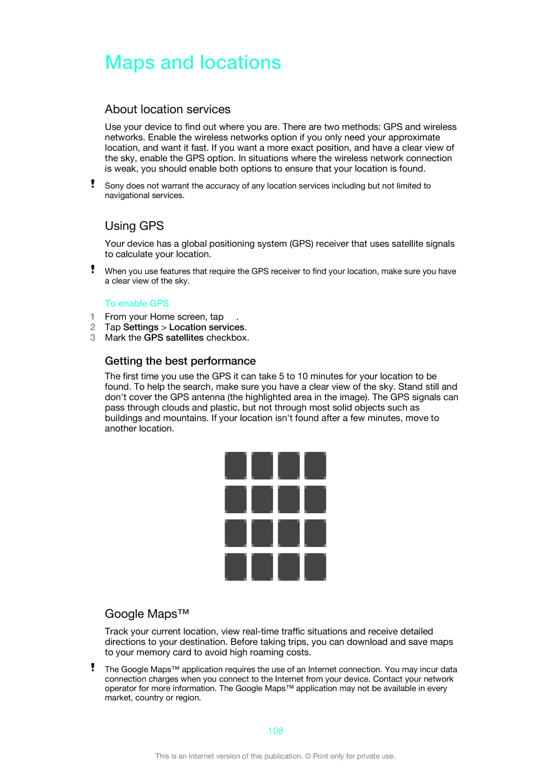 Sony ST27A, ST27i manual Maps and locations, About location services, Using GPS, Google Maps, Getting the best performance 