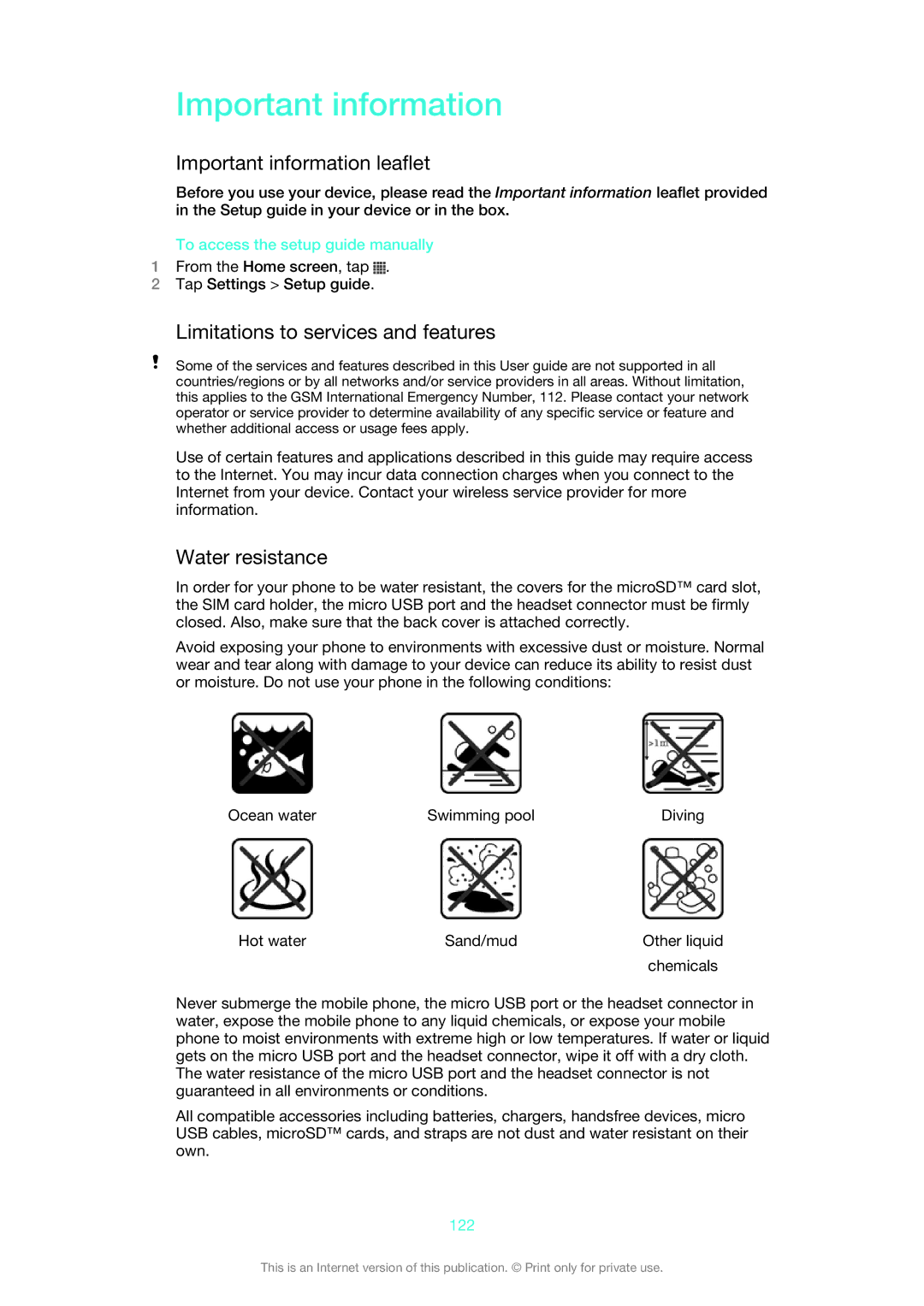 Sony ST27A, ST27i manual Important information leaflet, Limitations to services and features, Water resistance, 122 